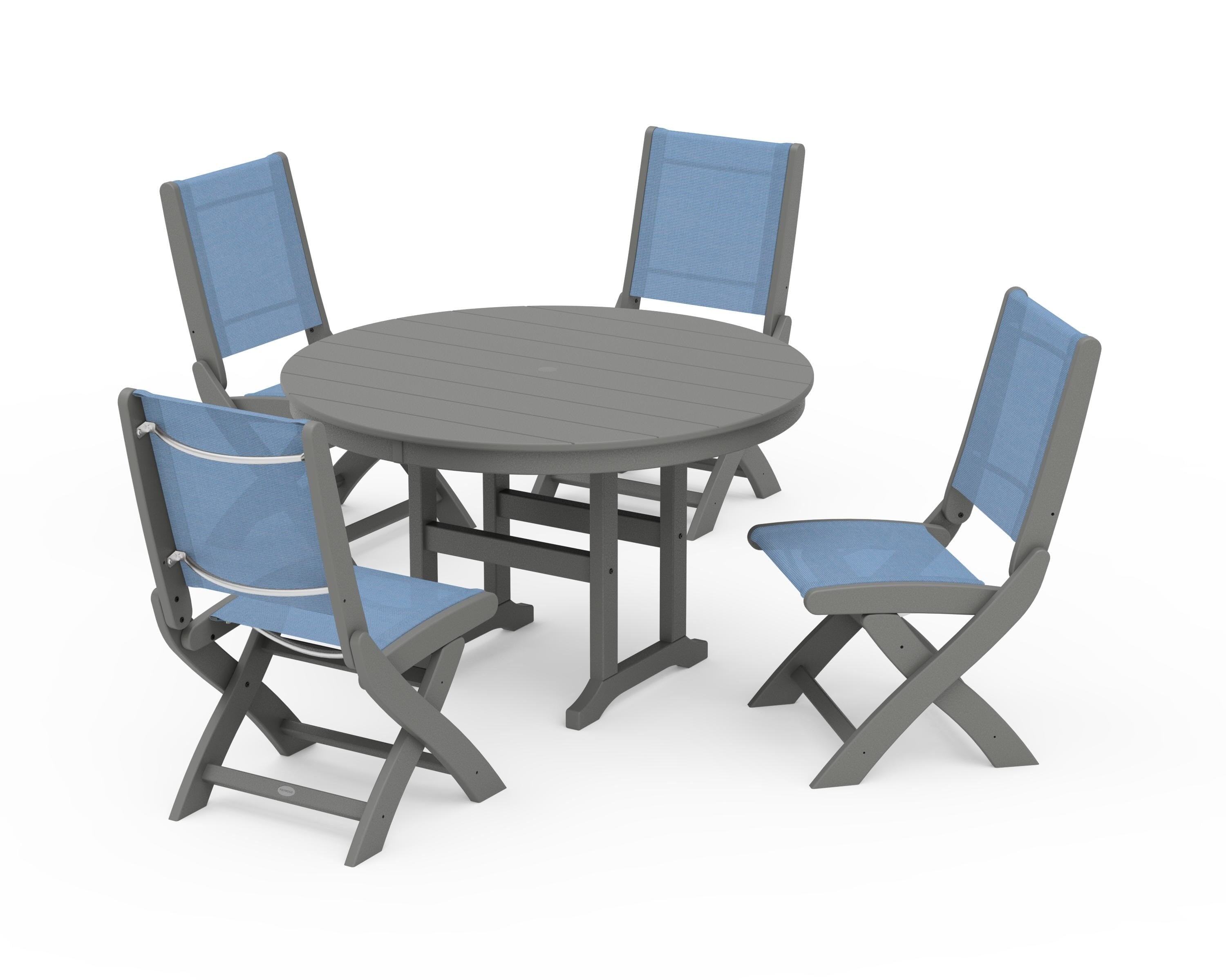 POLYWOOD Coastal Folding Side Chair 5-Piece Round Dining Set in Slate Grey / Poolside Sling