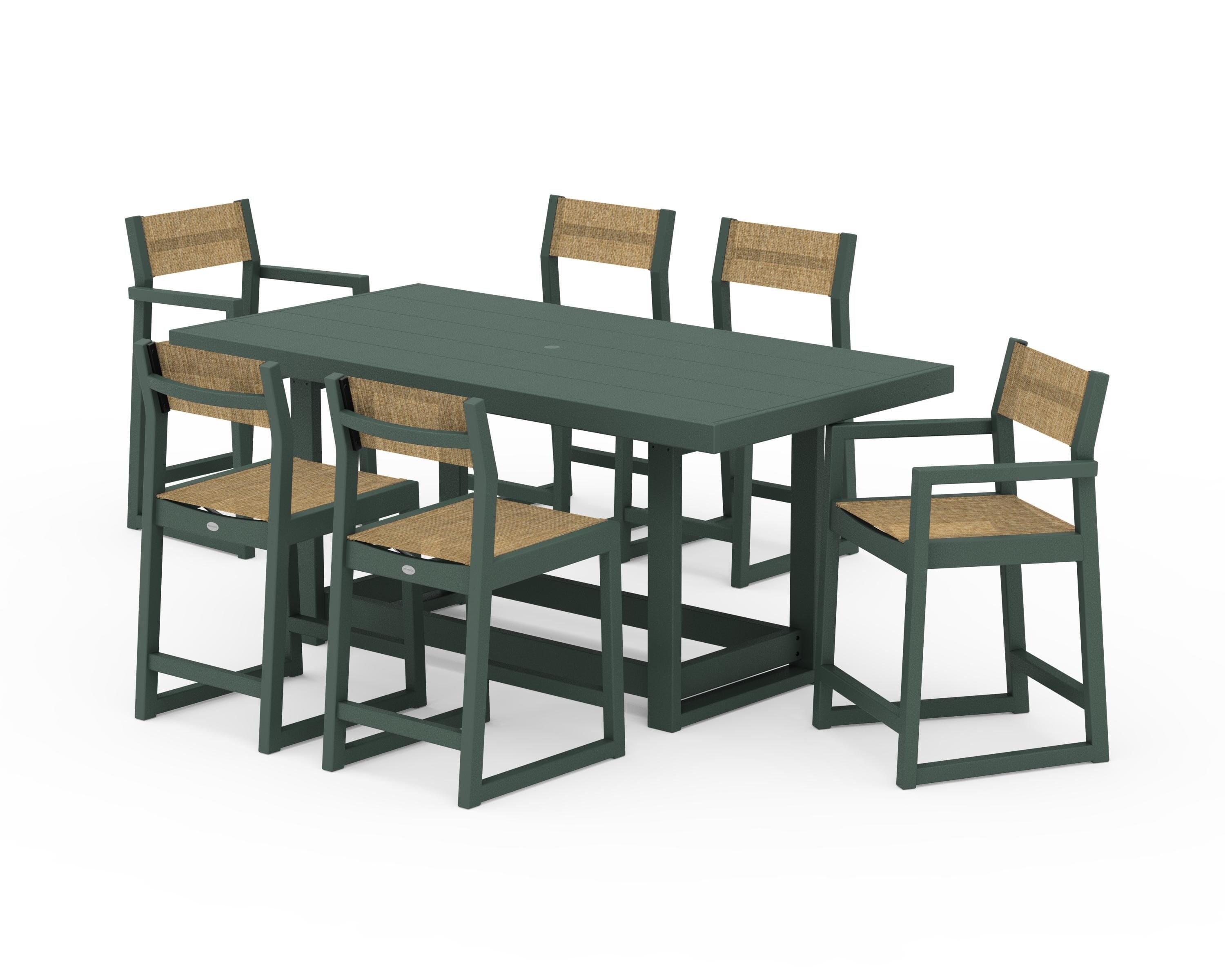 POLYWOOD EDGE Sling 7-Piece Counter Table Set in Green / Burlap Sling