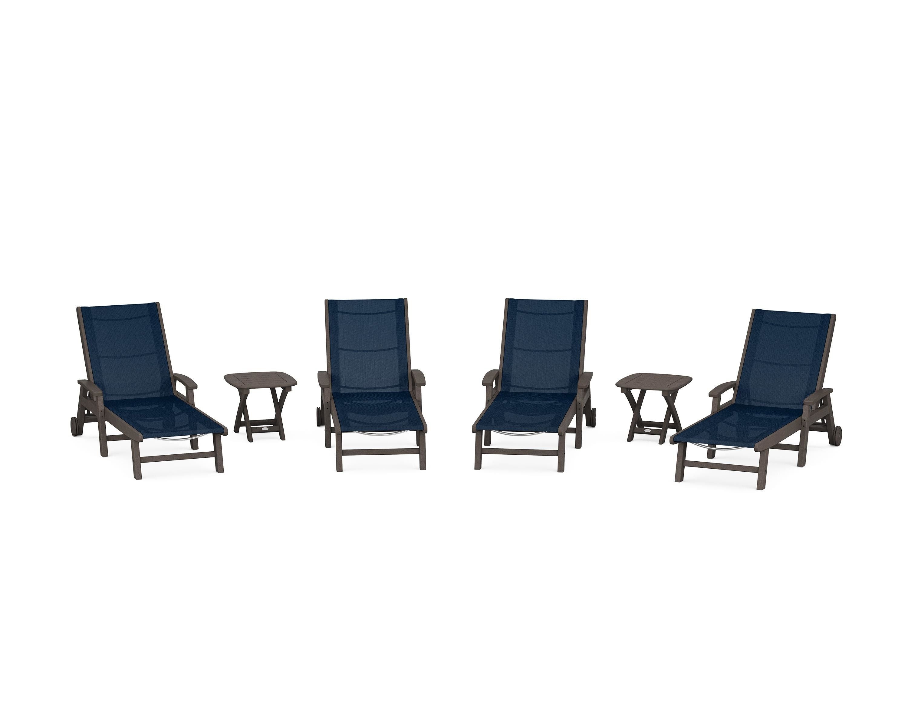 POLYWOOD Coastal Chaise 6-Piece Set with Wheels in Vintage Coffee / Navy Blue Sling