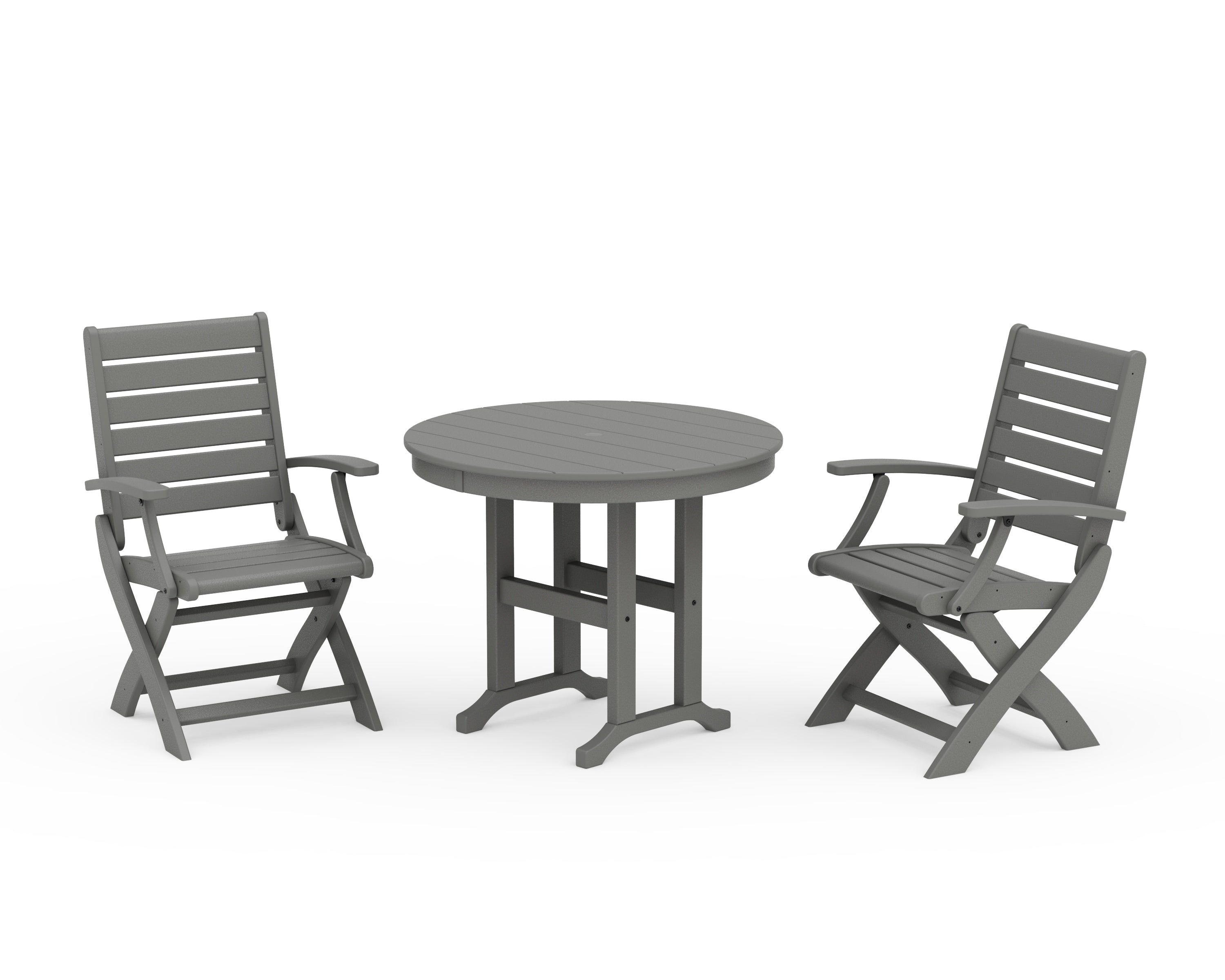 POLYWOOD Signature Folding Chair 3-Piece Round Farmhouse Dining Set in Slate Grey