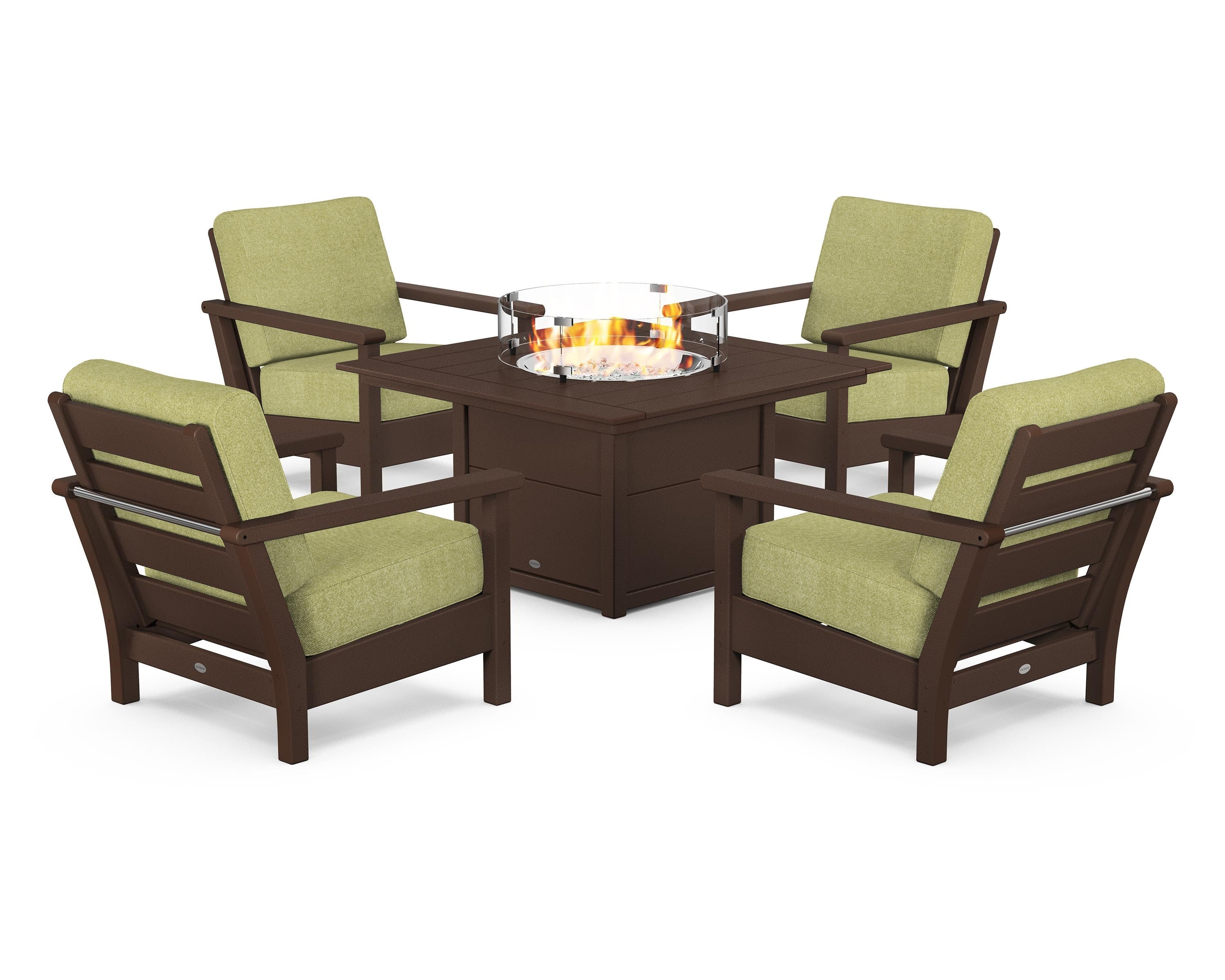 POLYWOOD Harbour 5-Piece Conversation Set with Fire Pit Table in Mahogany / Chartreuse Boucle