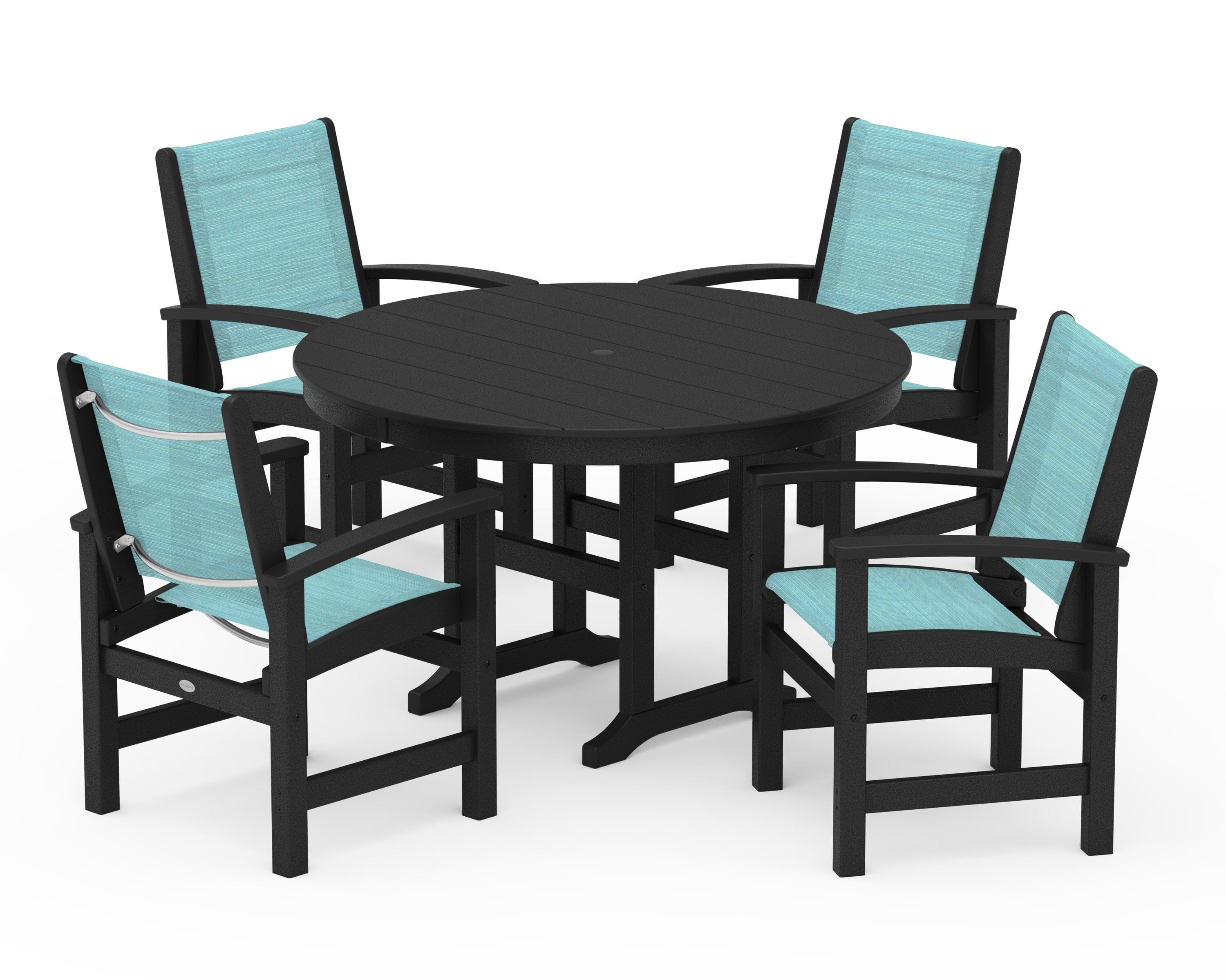 POLYWOOD Coastal 5-Piece Round Farmhouse Dining Set in Black / Dupioni Aquamarine Sling