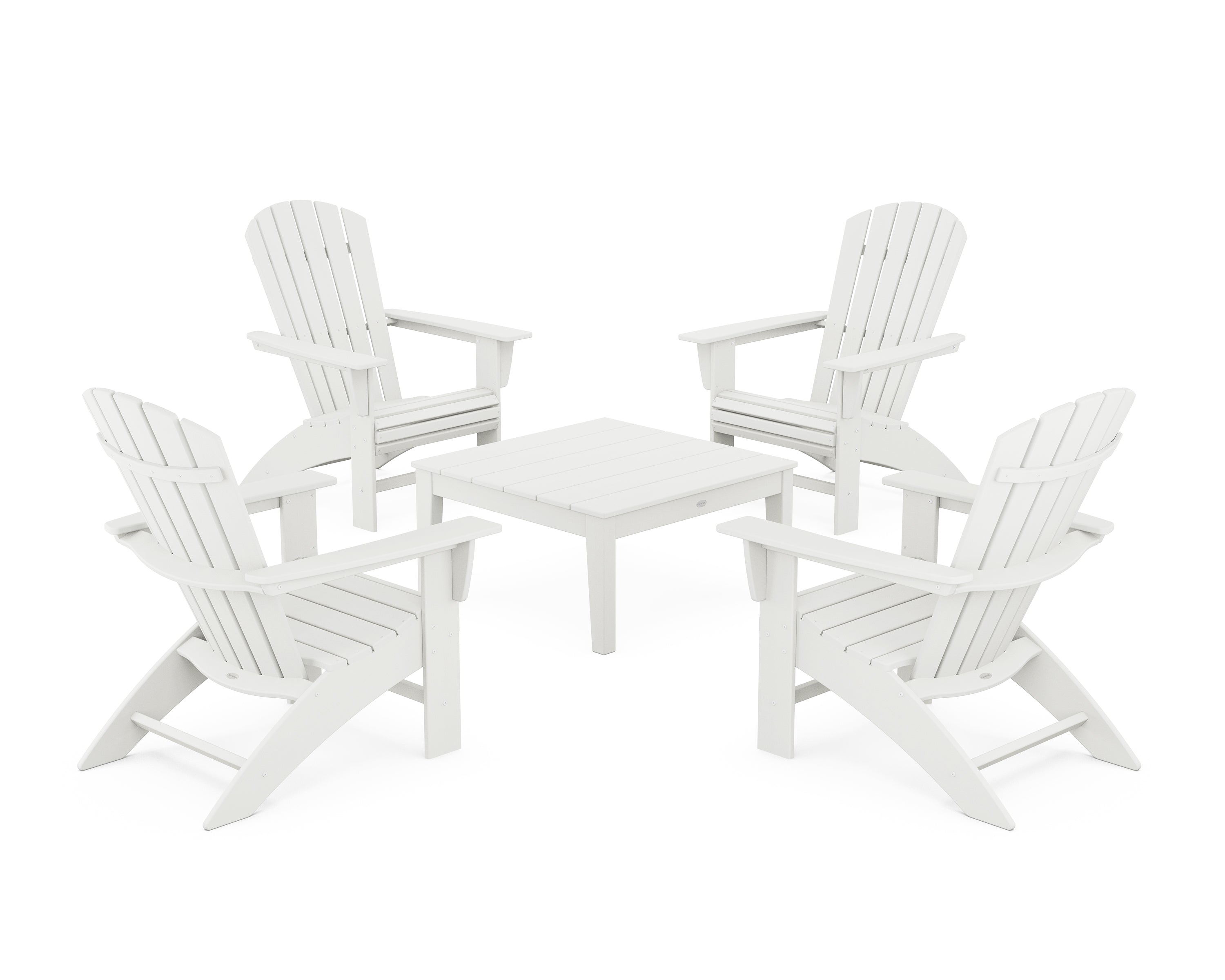 POLYWOOD® 5-Piece Nautical Curveback Adirondack Chair Conversation Set with 36" Conversation Table in Vintage White