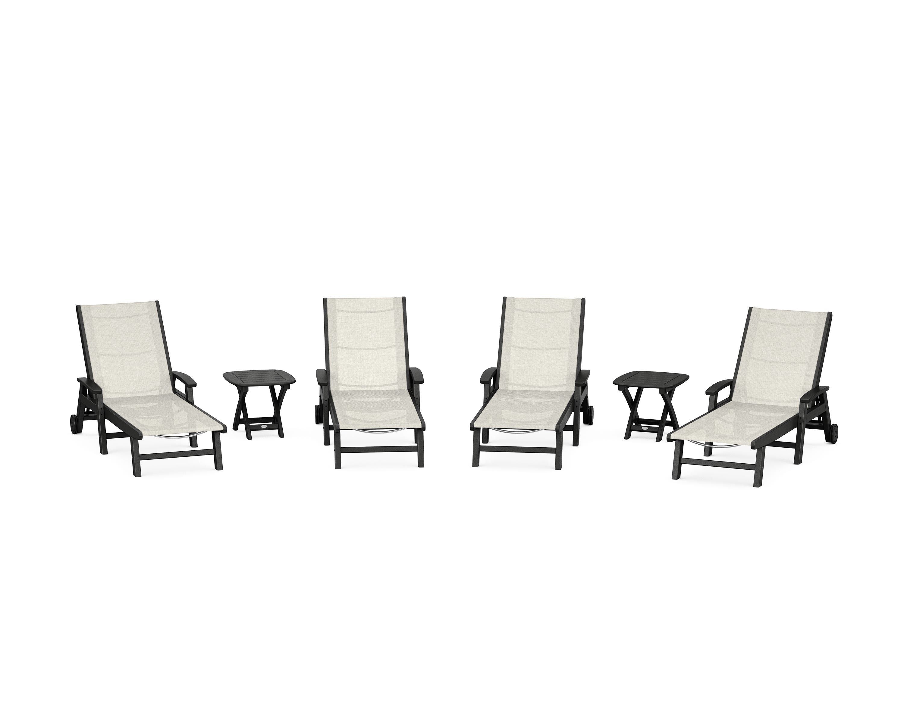 POLYWOOD Coastal Chaise 6-Piece Set with Wheels in Black / Parchment Sling