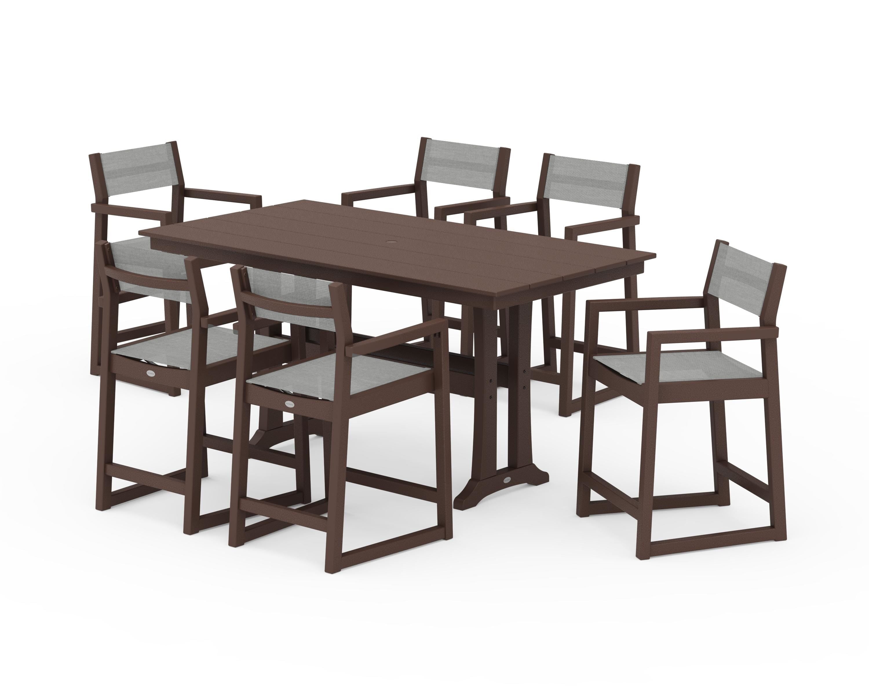 POLYWOOD EDGE Sling Arm Chair 7-Piece Farmhouse Counter Set with Trestle Legs in Mahogany / Metallic Sling
