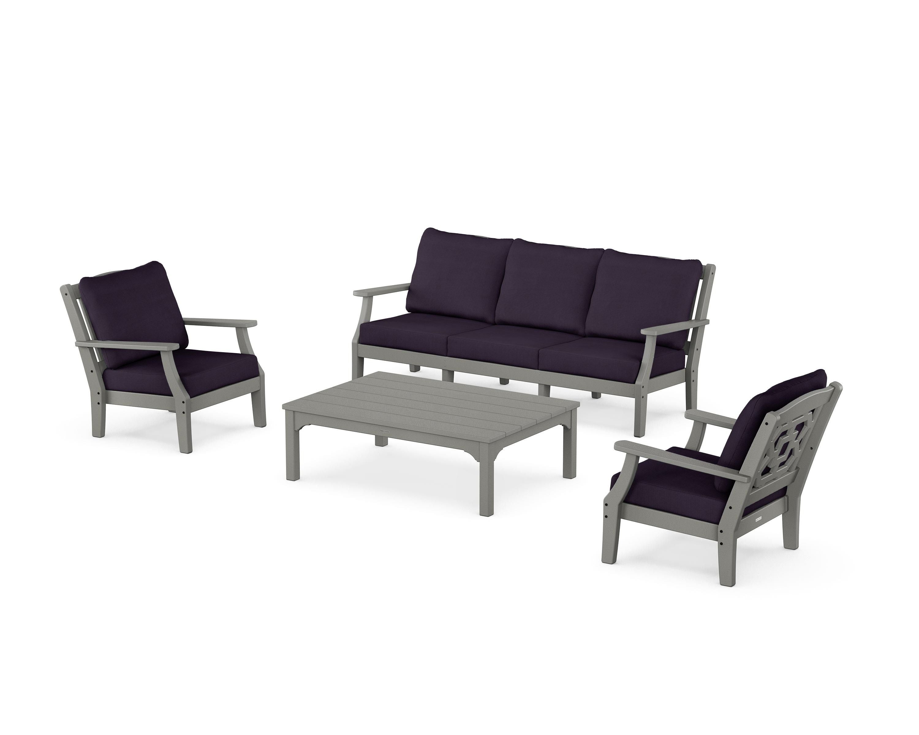 Martha Stewart by POLYWOOD Chinoiserie 4-Piece Deep Seating Set with Sofa in Slate Grey / Navy Linen