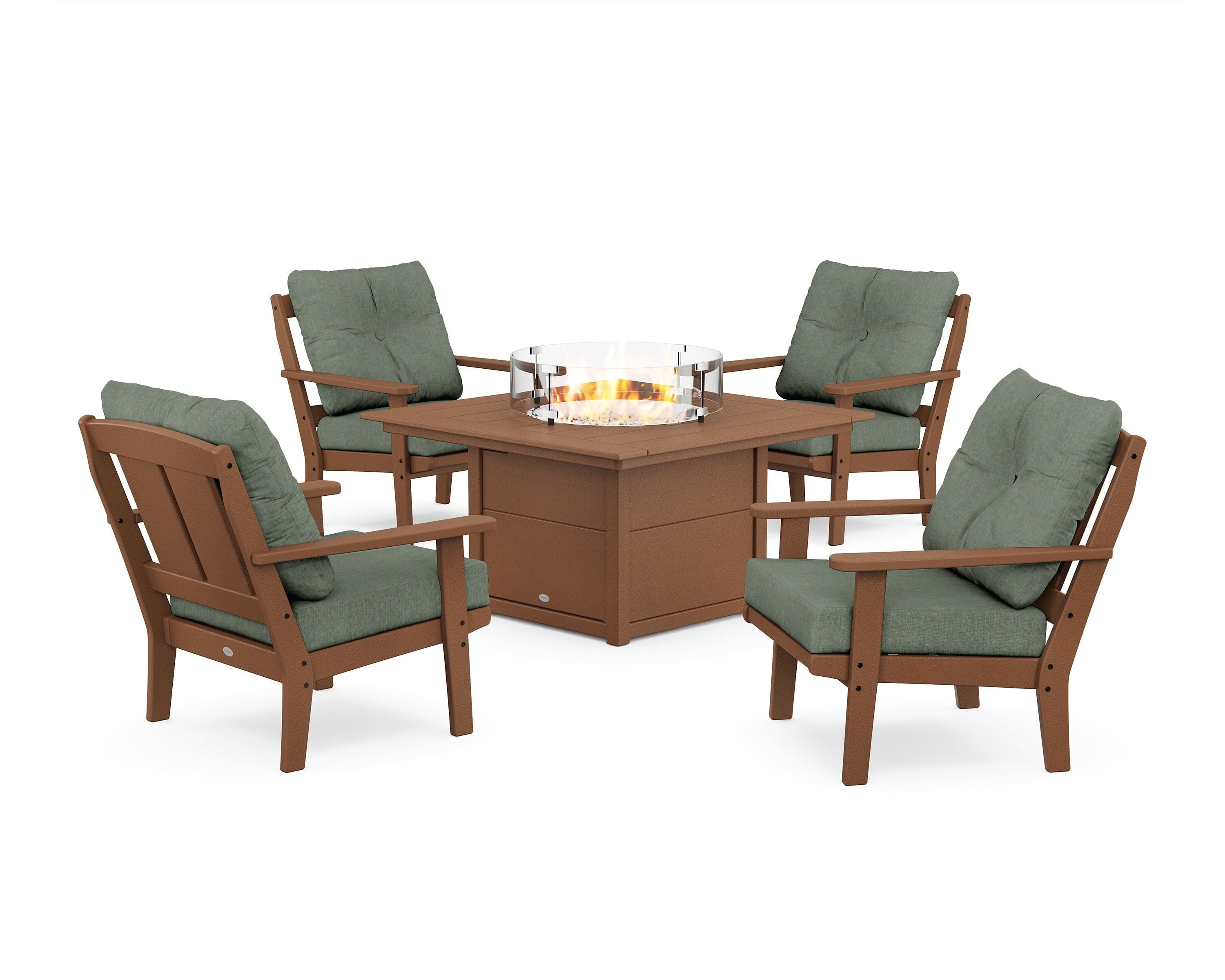POLYWOOD Mission 5-Piece Deep Seating Set with Fire Pit Table in Teak / Cast Sage