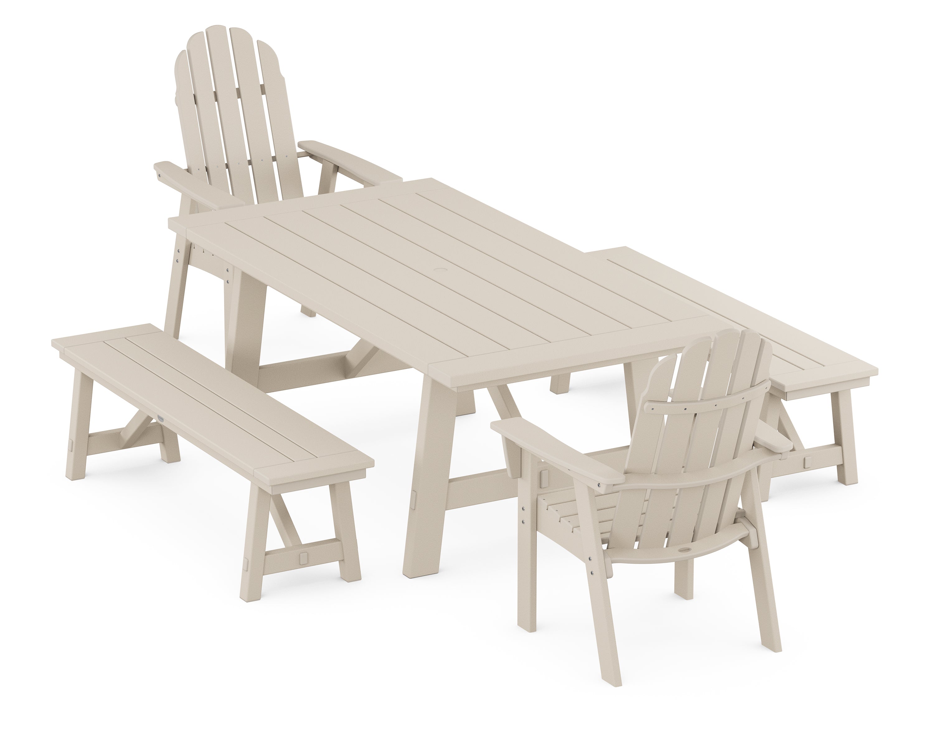 POLYWOOD® Vineyard Curveback Adirondack 5-Piece Rustic Farmhouse Dining Set With Benches in Sand