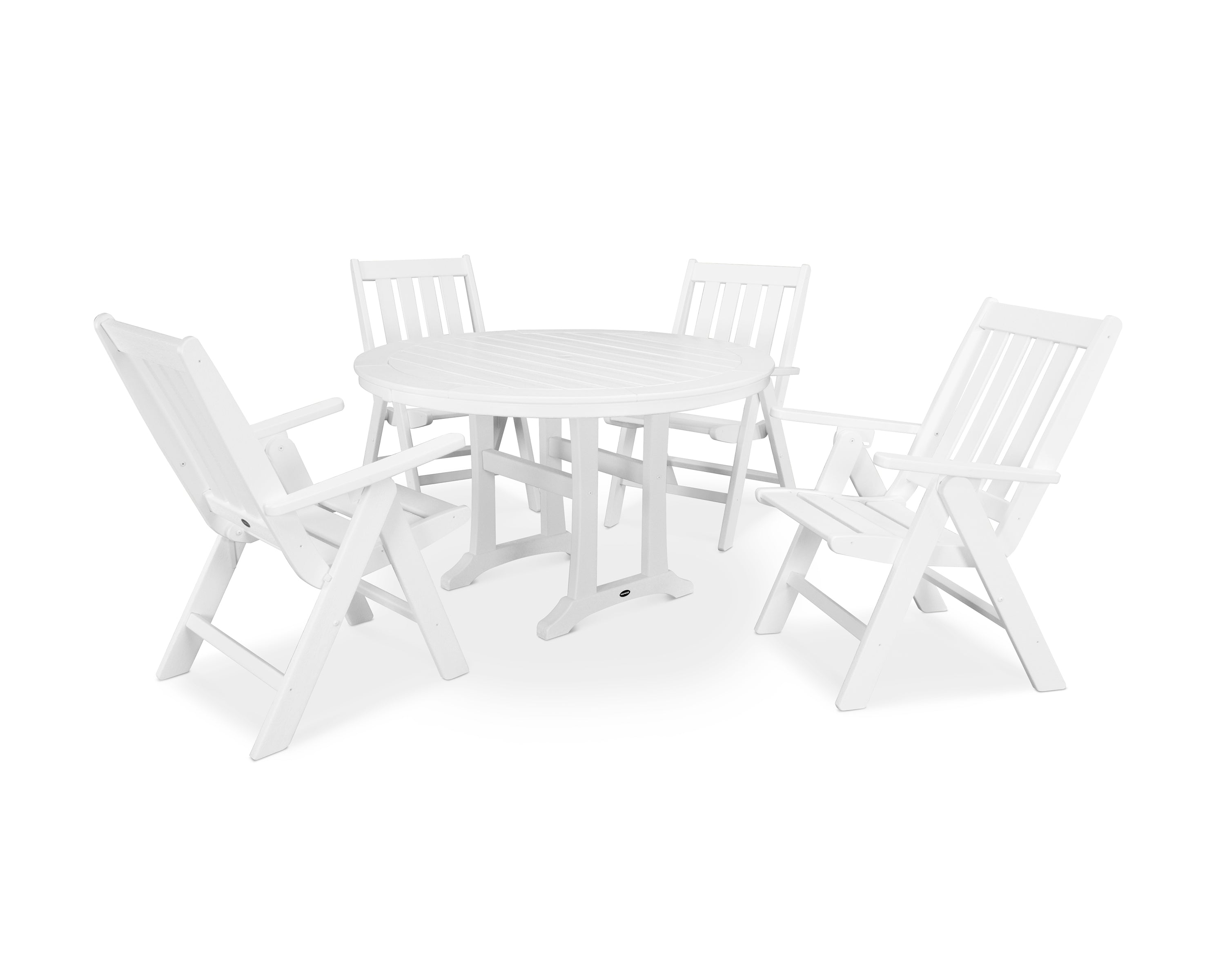 POLYWOOD® Vineyard Folding Chair 5-Piece Round Dining Set with Trestle Legs in White