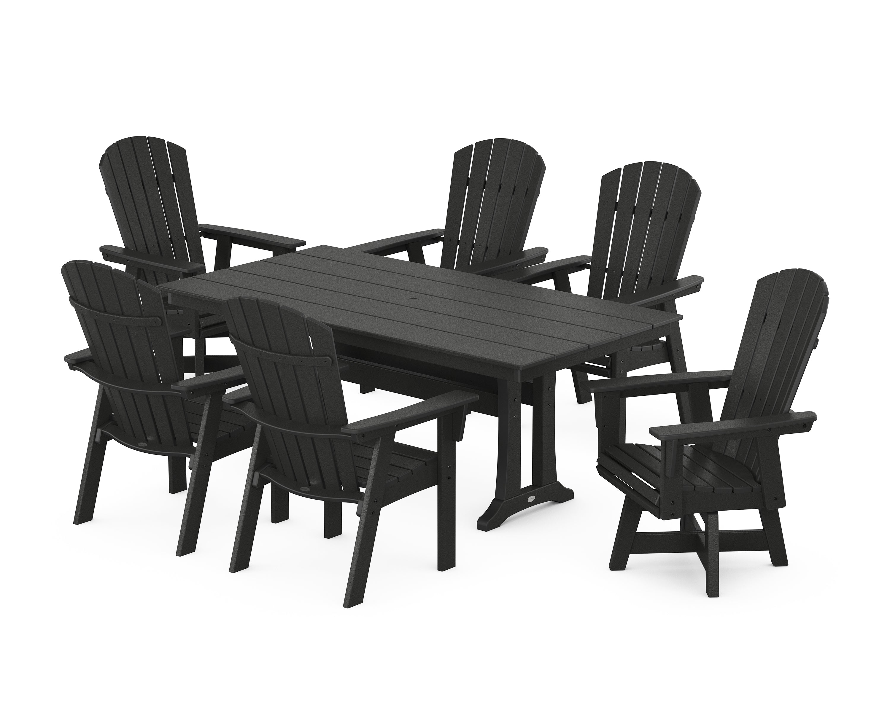 POLYWOOD® Nautical Curveback Adirondack Swivel Chair 7-Piece Farmhouse Dining Set With Trestle Legs in Black