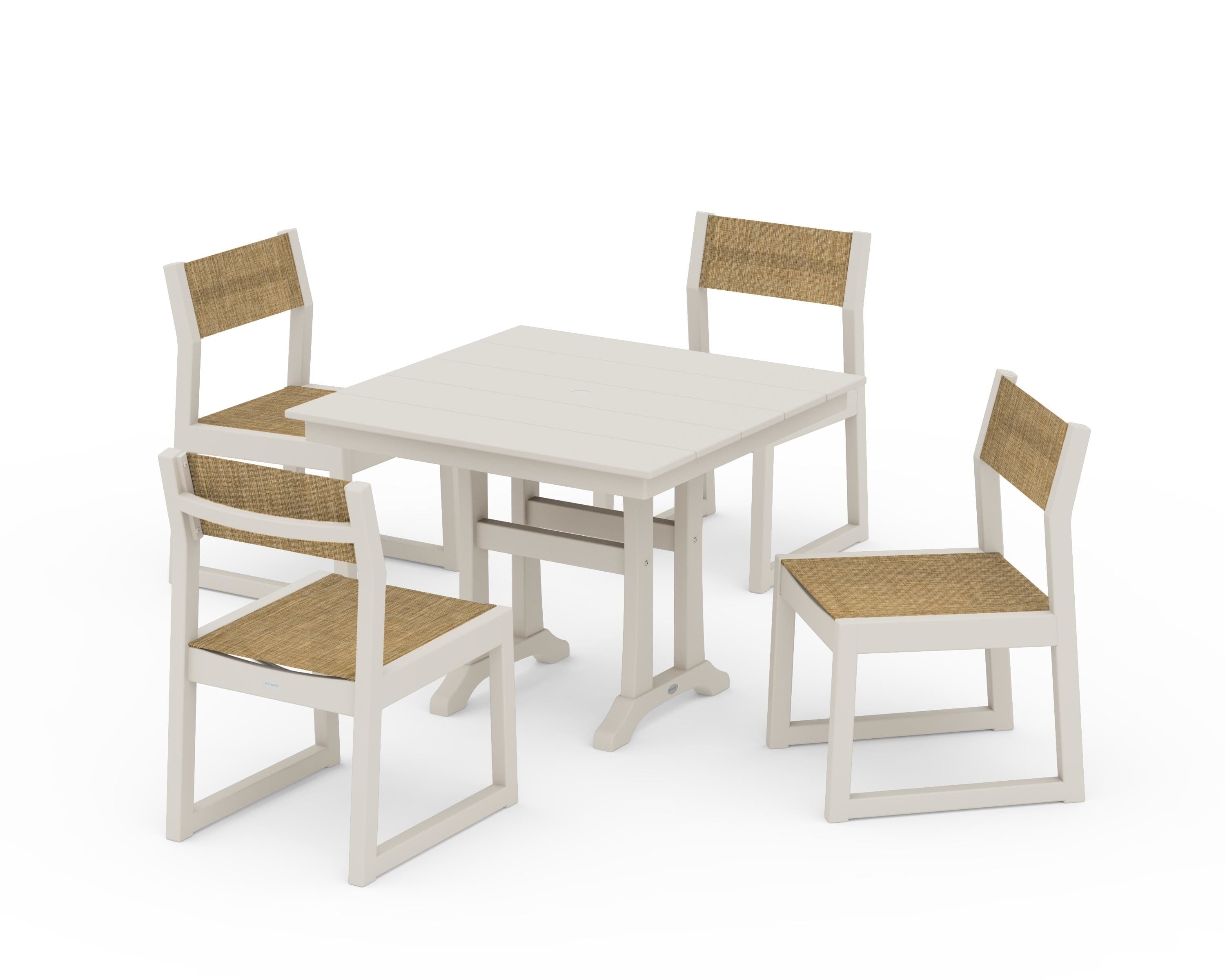POLYWOOD EDGE Sling 5-Piece Farmhouse Trestle Side Chair Dining Set in Sand / Burlap Sling