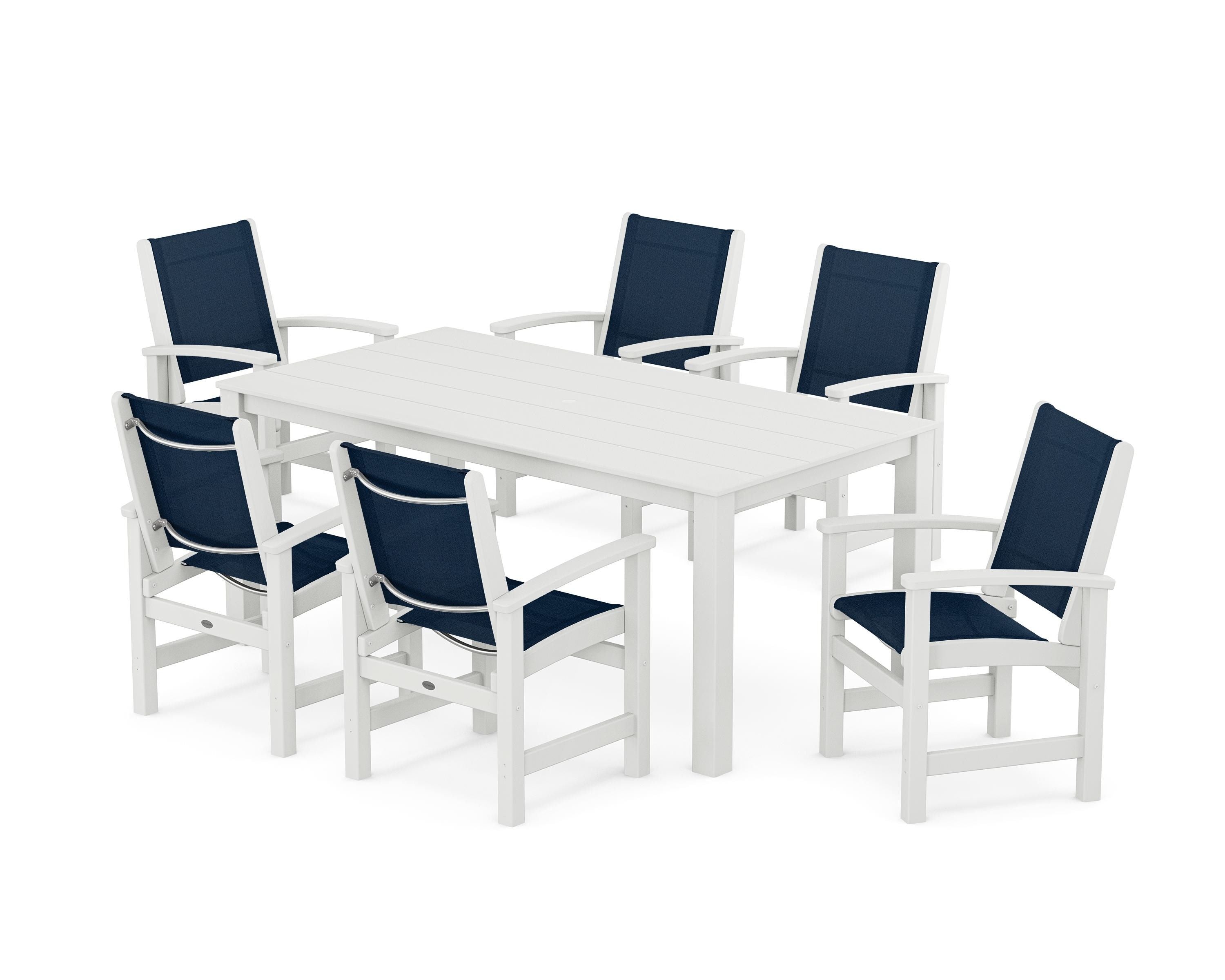 POLYWOOD Coastal 7-Piece Parsons Dining Set in White / Navy Blue Sling