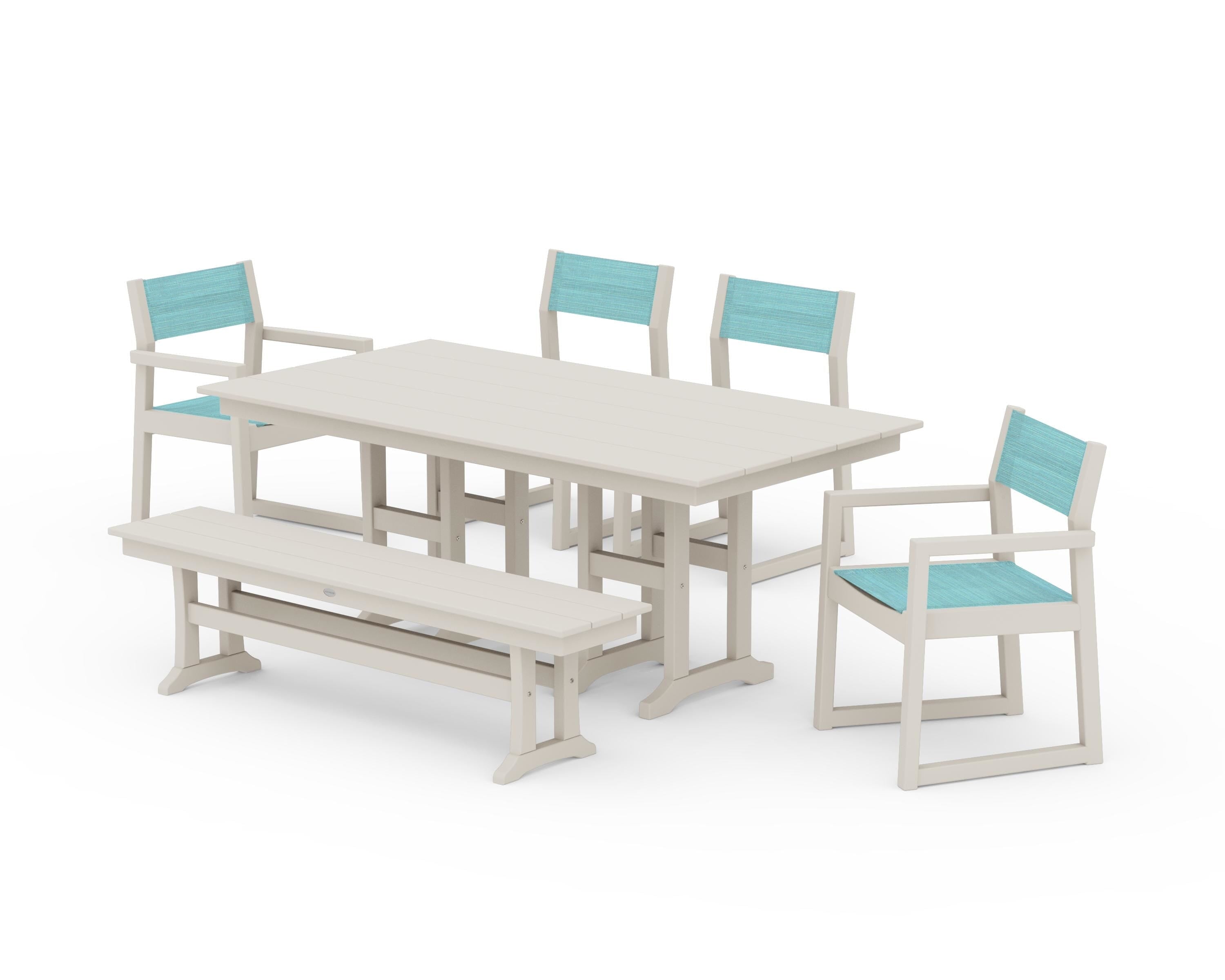 POLYWOOD EDGE Sling 6-Piece Farmhouse Dining Set in Sand / Dupioni Aquamarine Sling