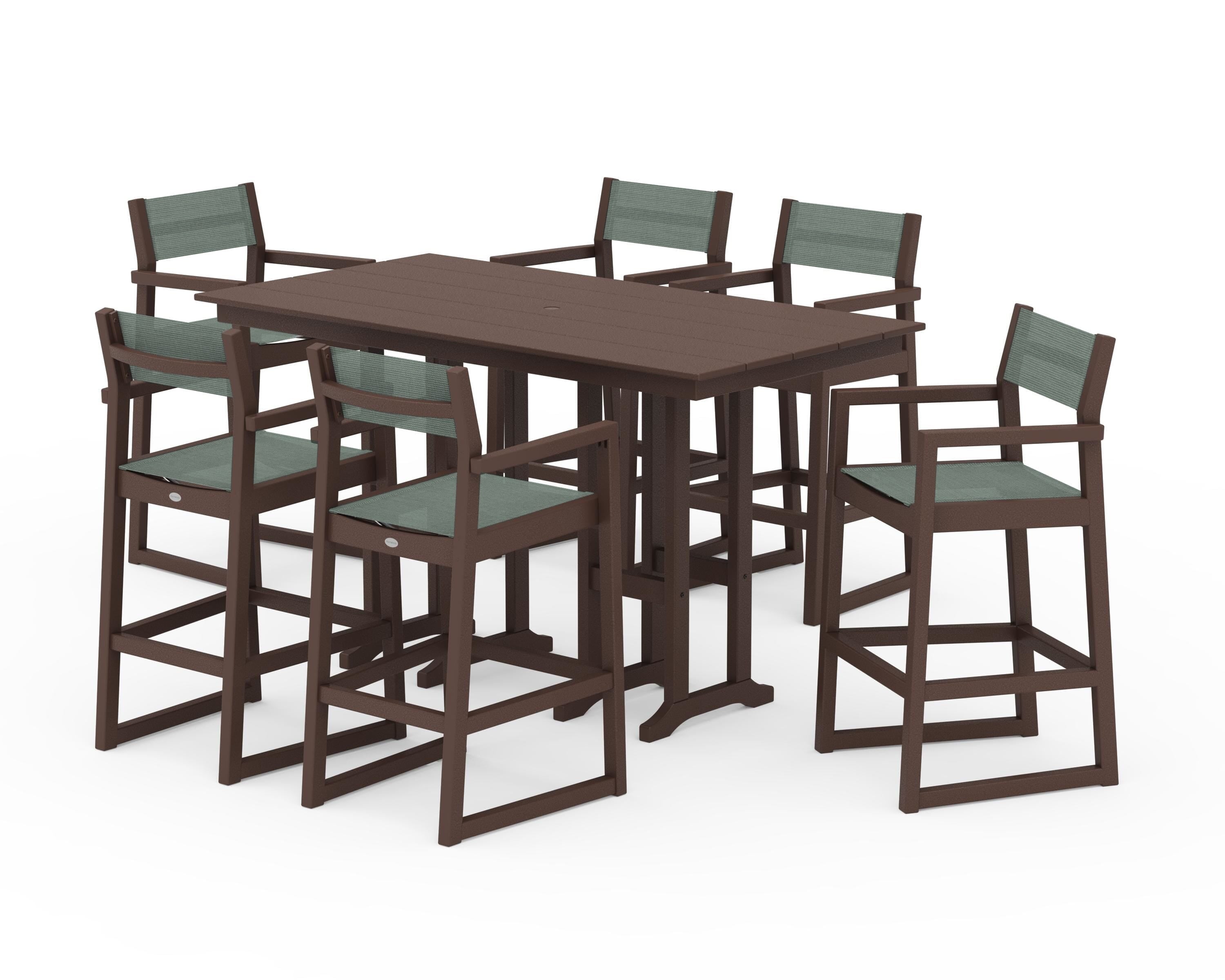 POLYWOOD EDGE Sling Arm Chair 7-Piece Farmhouse Bar Set in Mahogany / Dupioni Sea Mist Sling