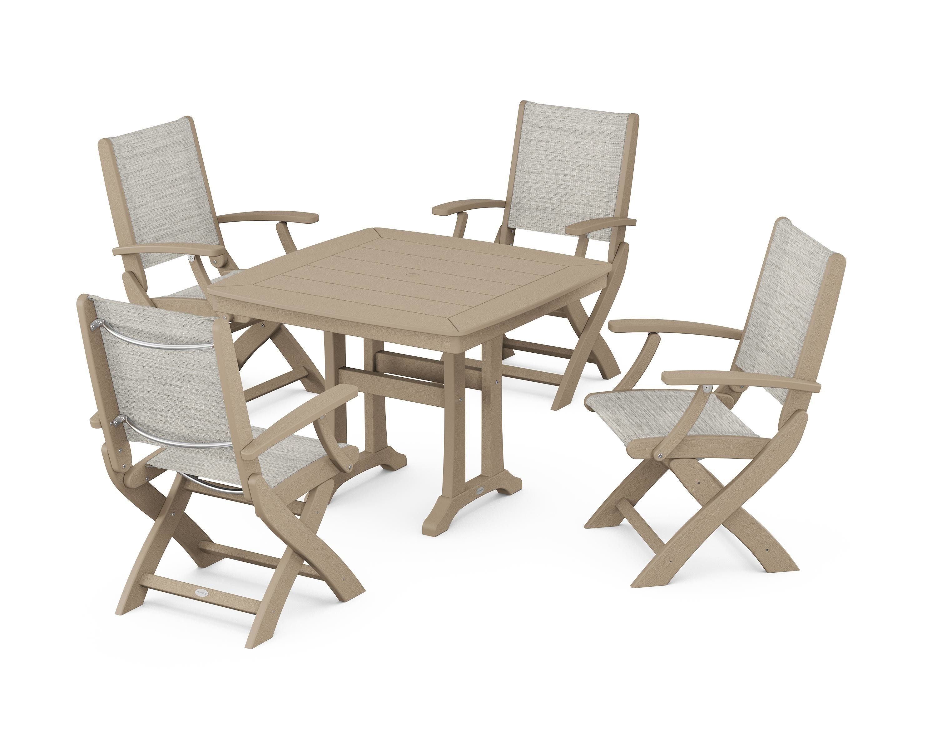 POLYWOOD Coastal Folding Chair 5-Piece Dining Set with Trestle Legs in Vintage Sahara / Birch Sling