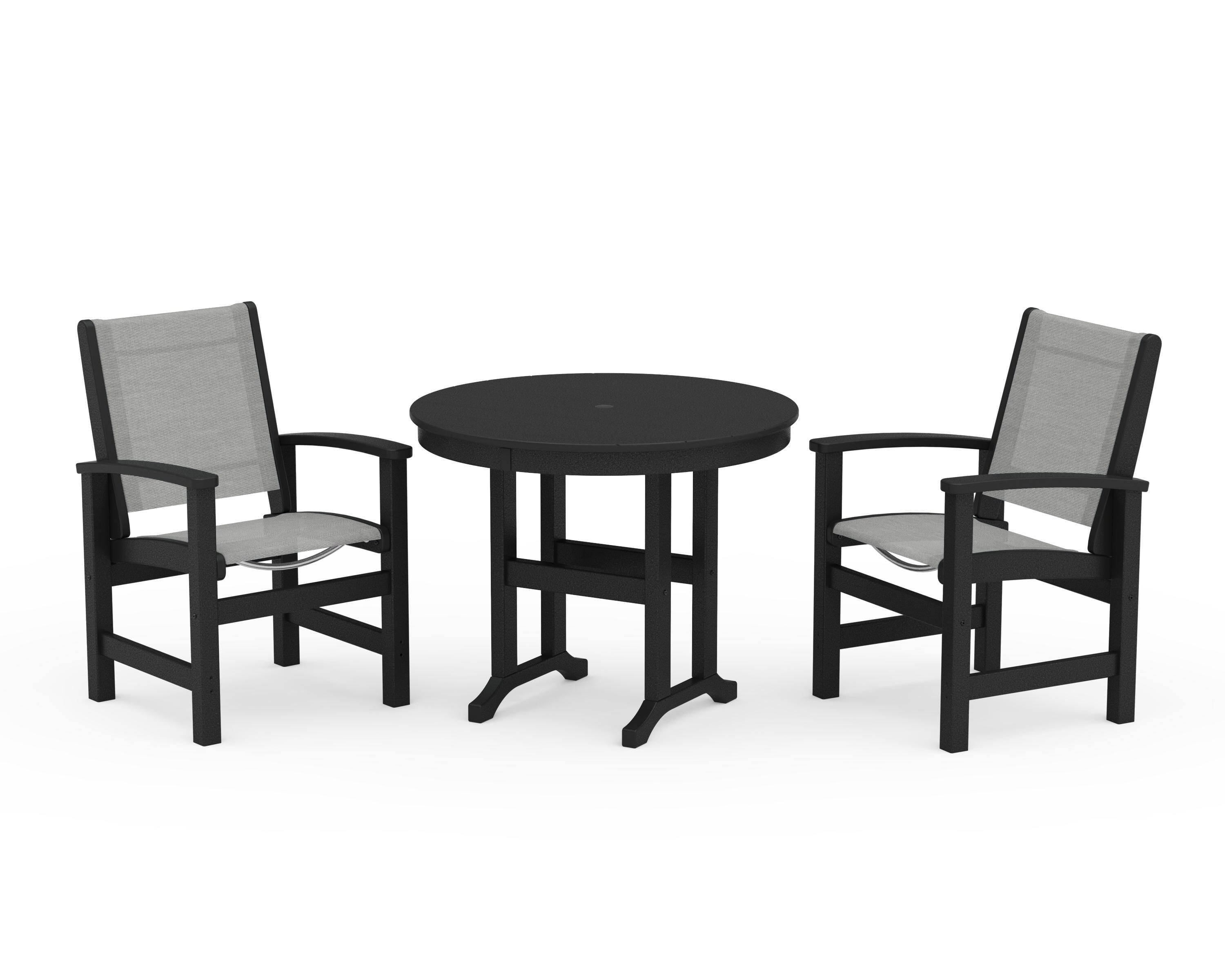 POLYWOOD Coastal 3-Piece Round Dining Set in Black / Metallic Sling