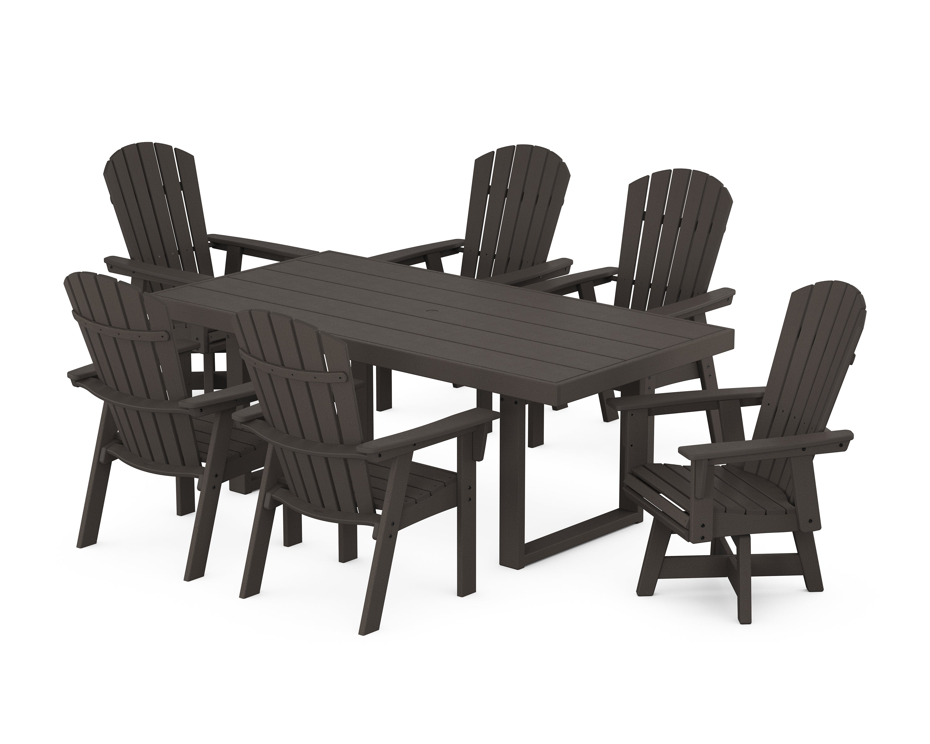 POLYWOOD® Nautical Curveback Adirondack Swivel Chair 7-Piece Dining Set in Vintage Coffee