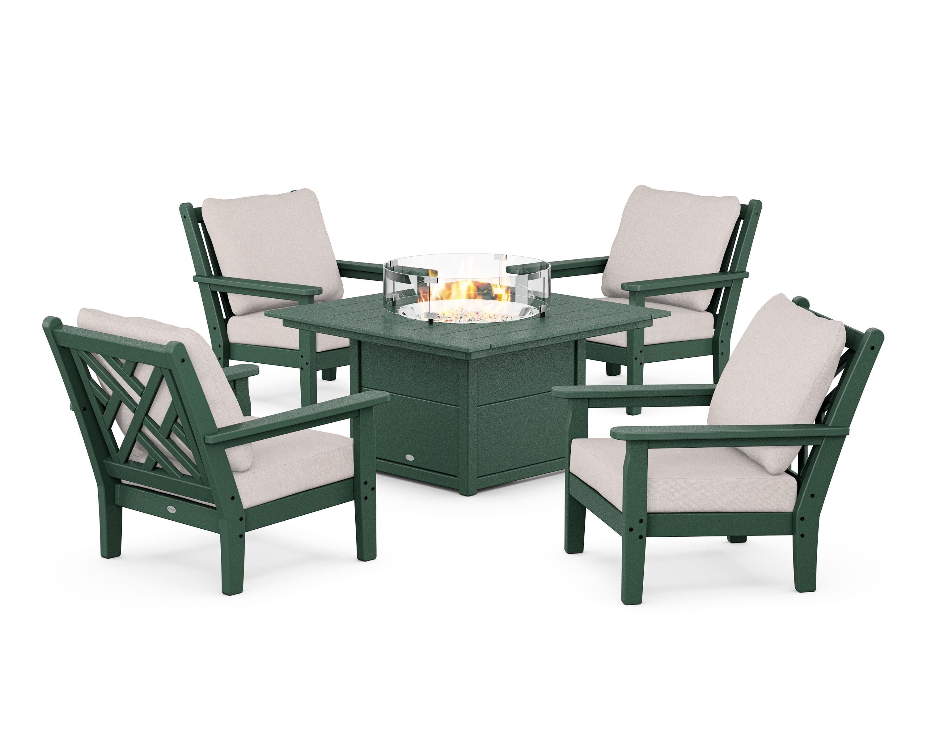 POLYWOOD Chippendale 5-Piece Deep Seating Set with Fire Pit Table in Green / Dune Burlap