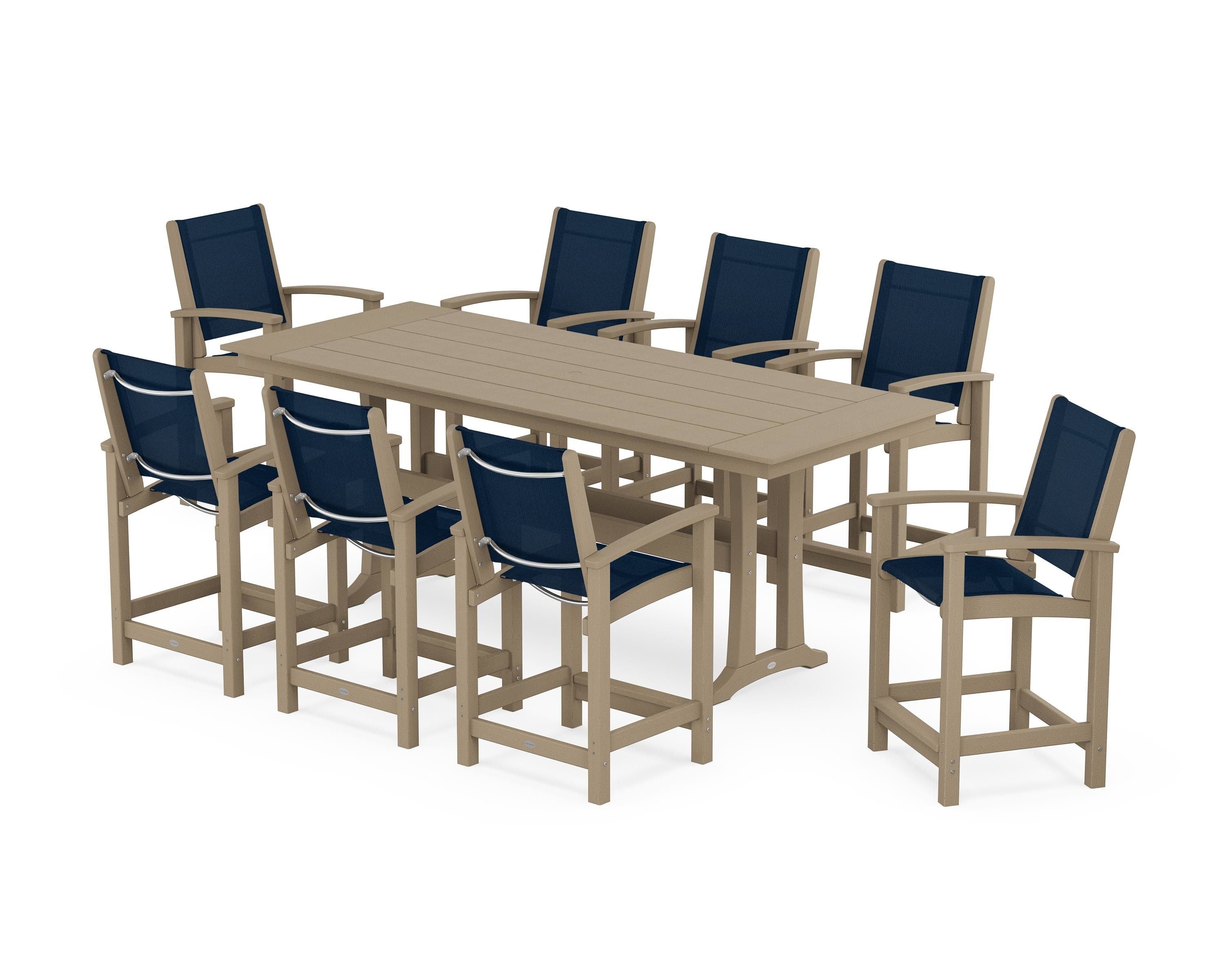 POLYWOOD Coastal 9-Piece Farmhouse Counter Set with Trestle Legs in Vintage Sahara / Navy Blue Sling