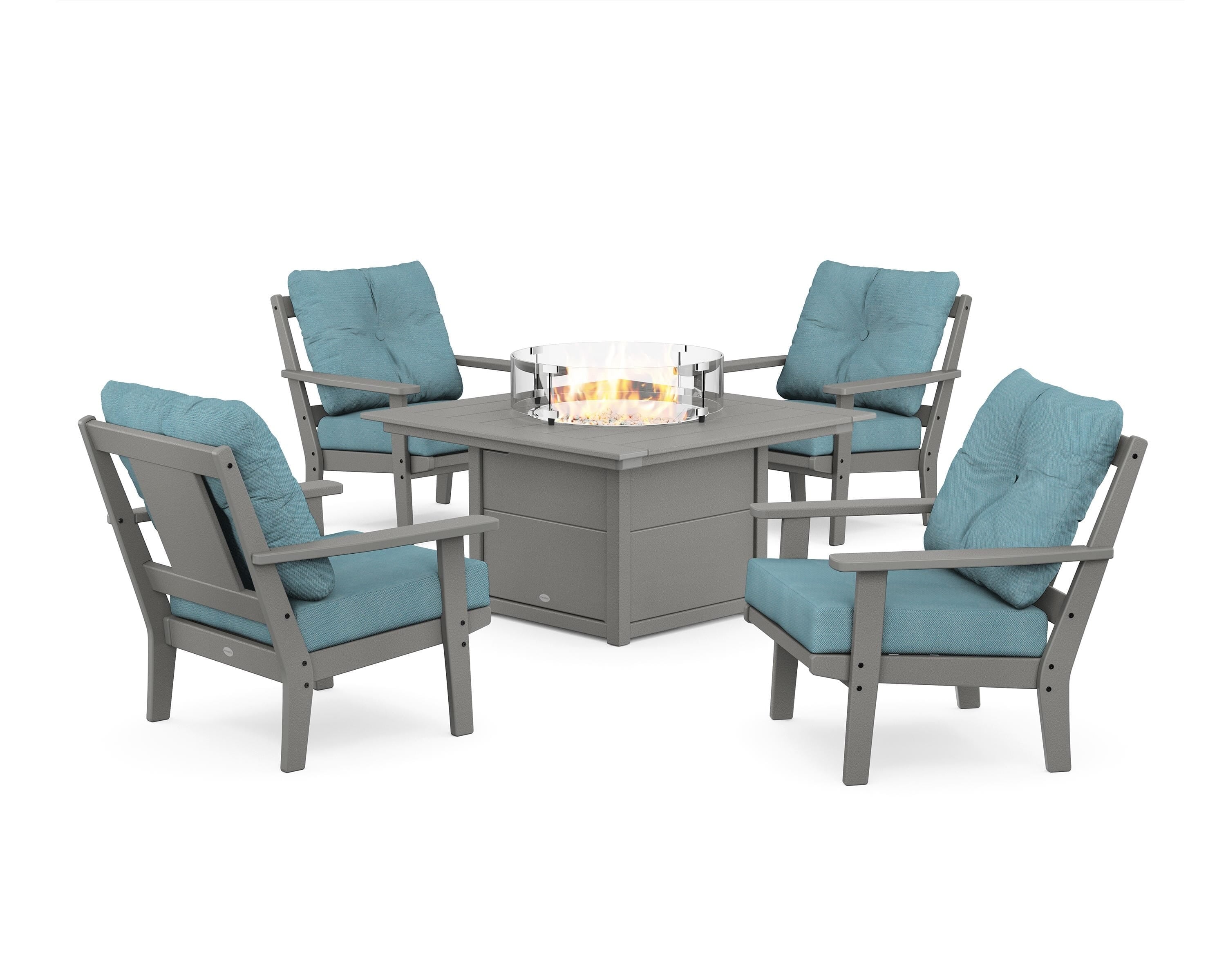 POLYWOOD Prairie 5-Piece Deep Seating Set with Fire Pit Table in Slate Grey / Lattice Sky Blue