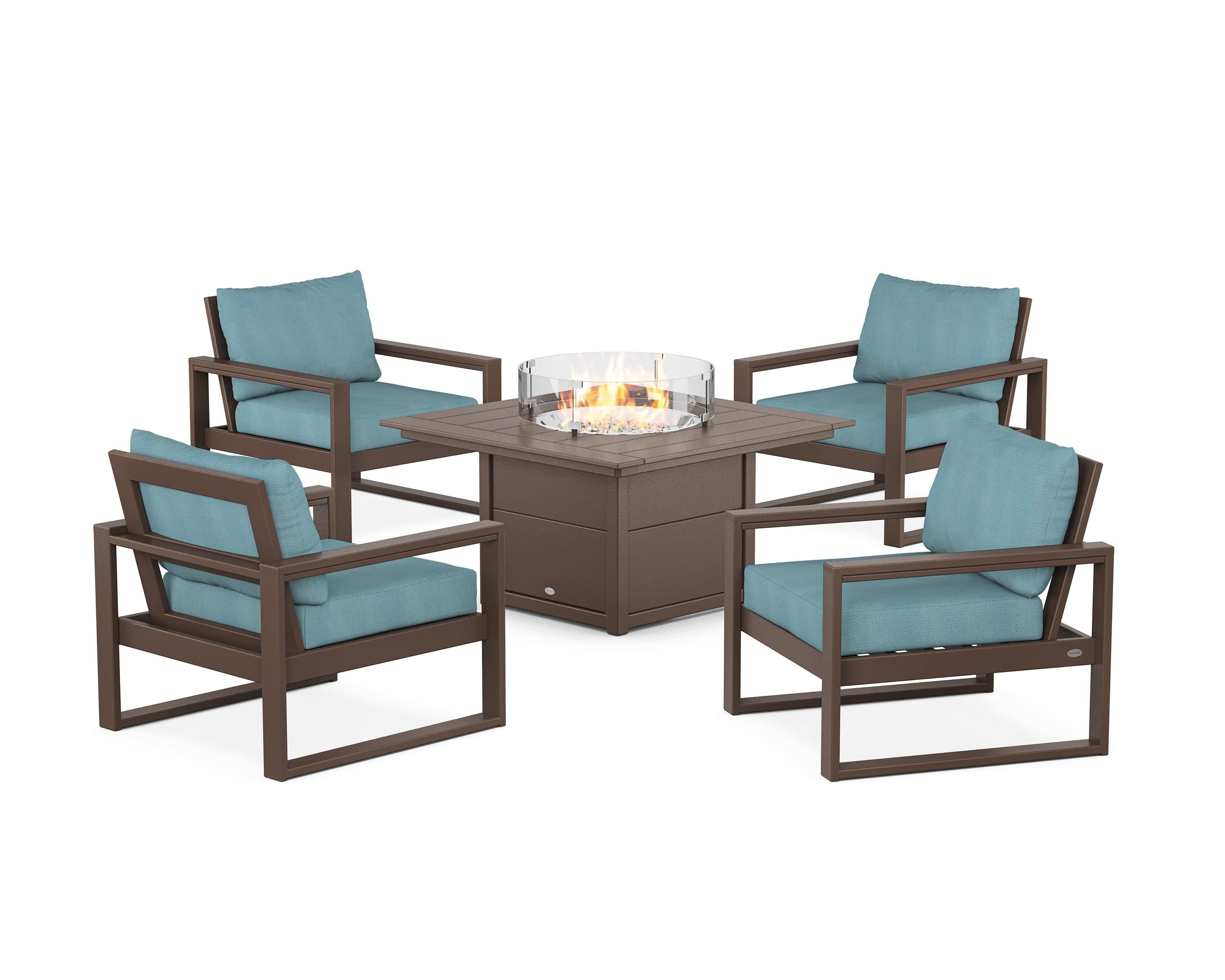 POLYWOOD EDGE Sectional 5-Piece Deep Seating Set with Fire Pit Table in Mahogany / Lattice Sky Blue