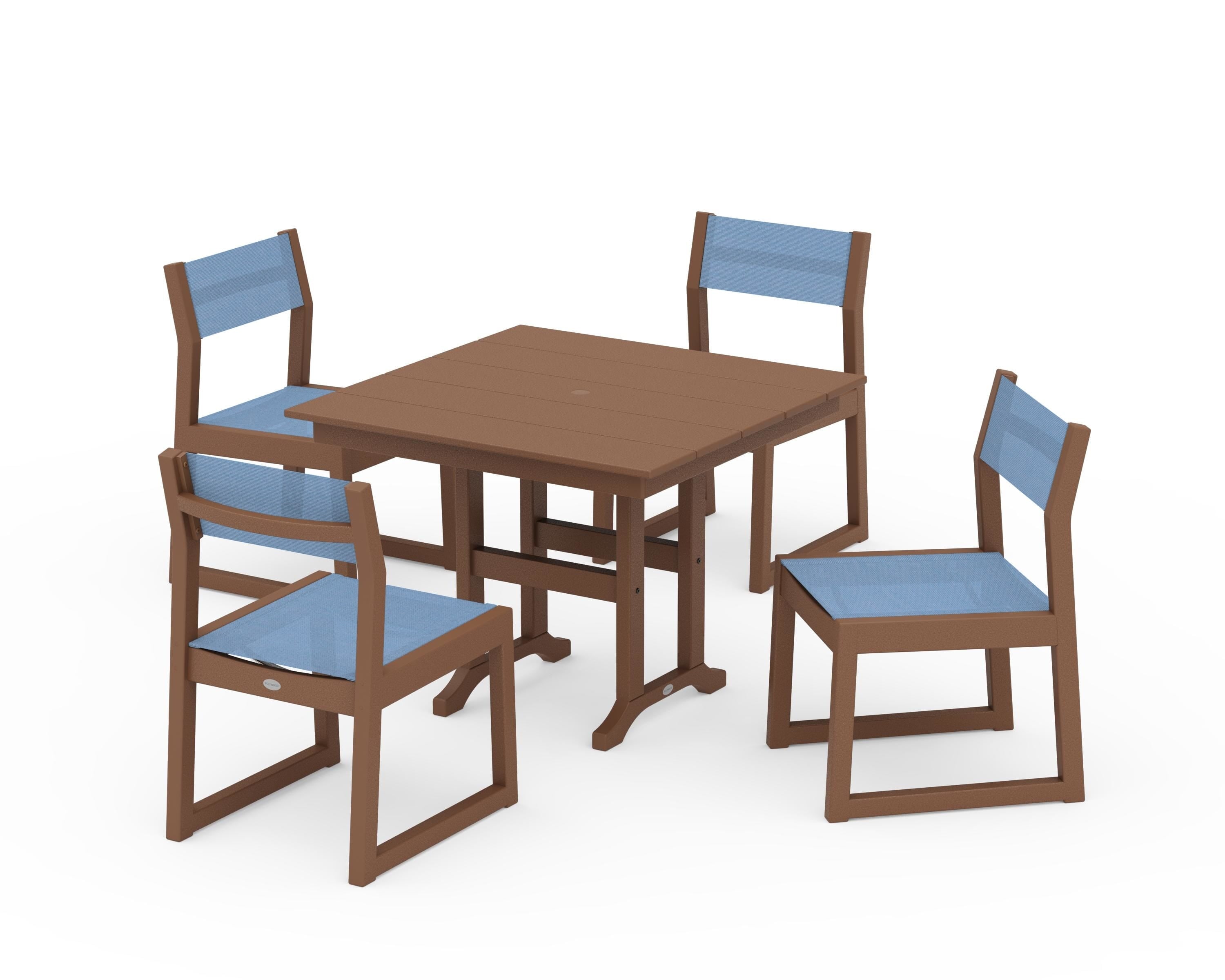 POLYWOOD EDGE Sling Side Chair 5-Piece Farmhouse Dining Set in Teak / Poolside Sling