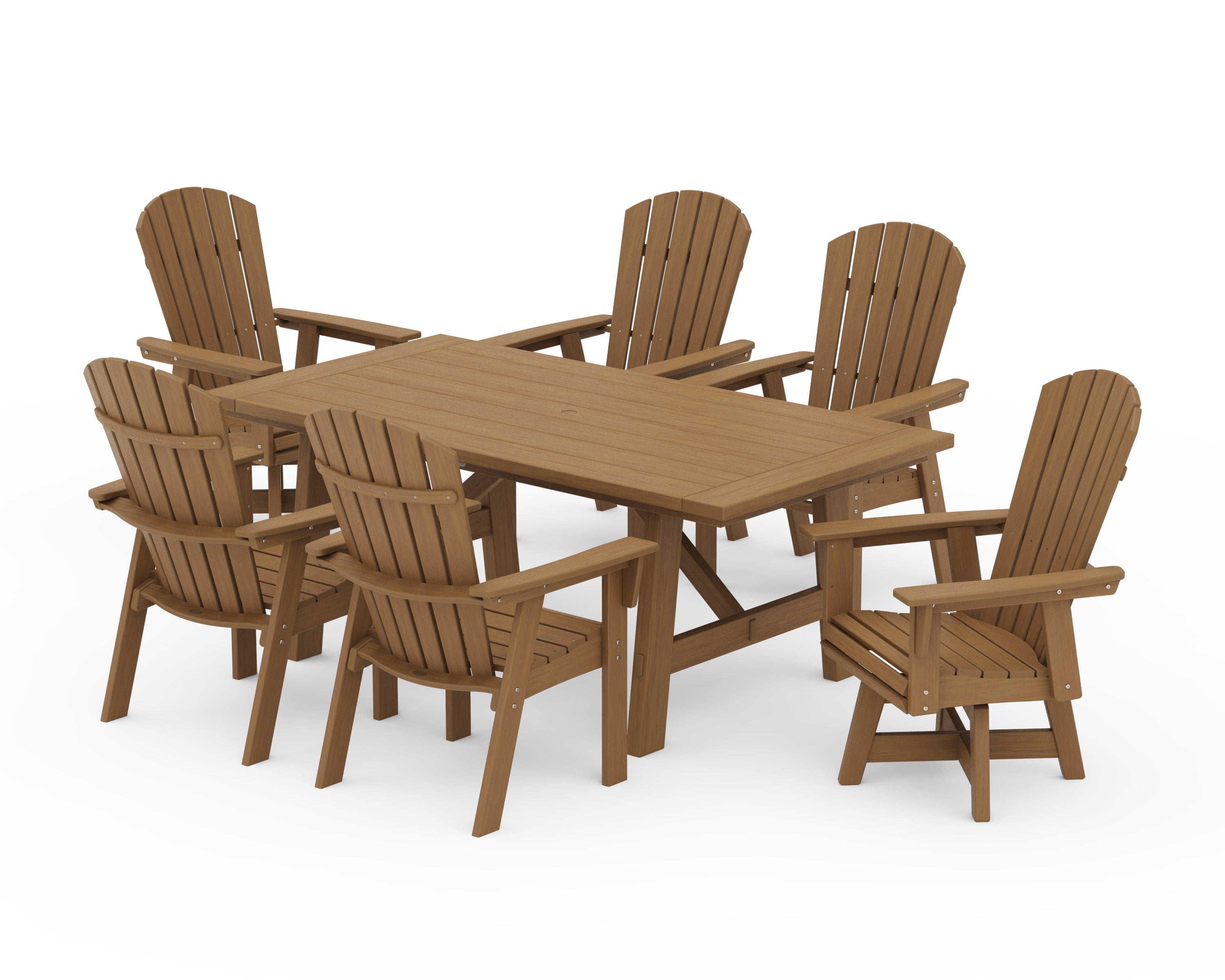 POLYWOOD Nautical Curveback Adirondack Swivel Chair 7-Piece Rustic Farmhouse Dining Set in Natural