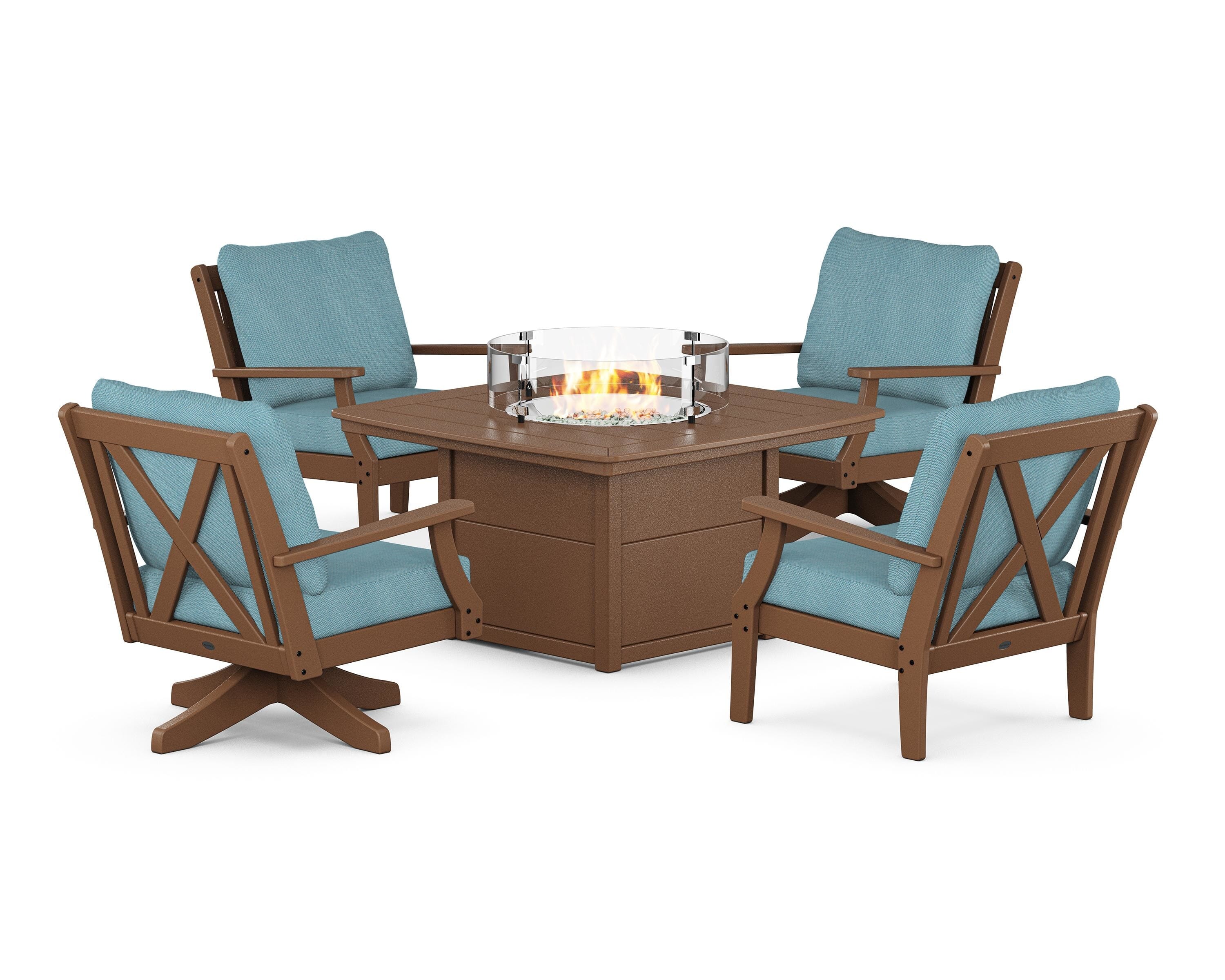 POLYWOOD Braxton 5-Piece Deep Seating Set with Fire Table in Teak / Lattice Sky Blue