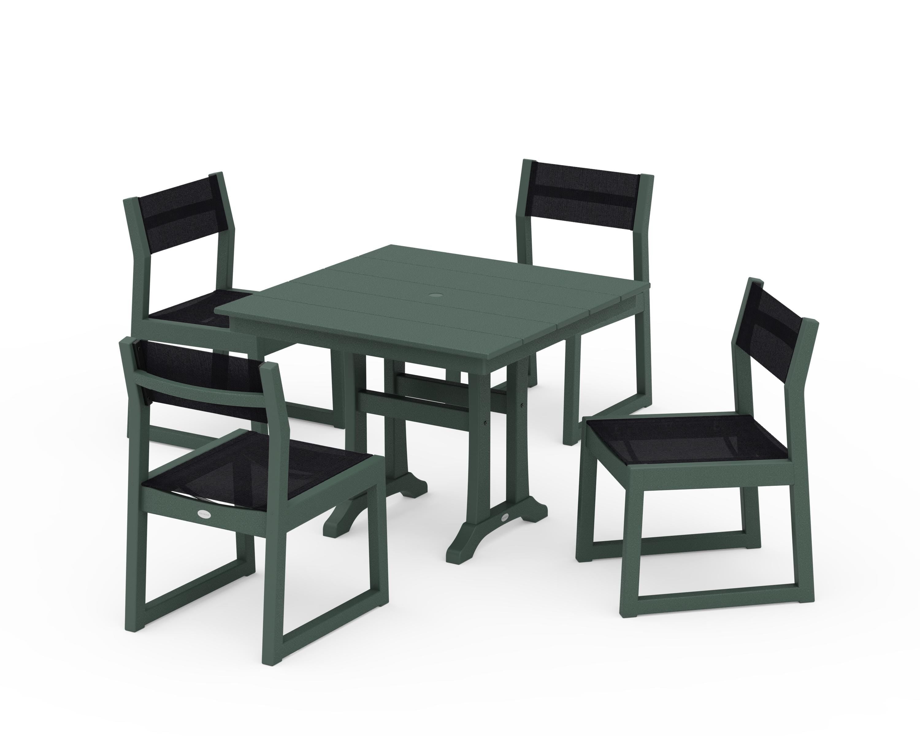 POLYWOOD EDGE Sling 5-Piece Farmhouse Trestle Side Chair Dining Set in Green / Black Sling