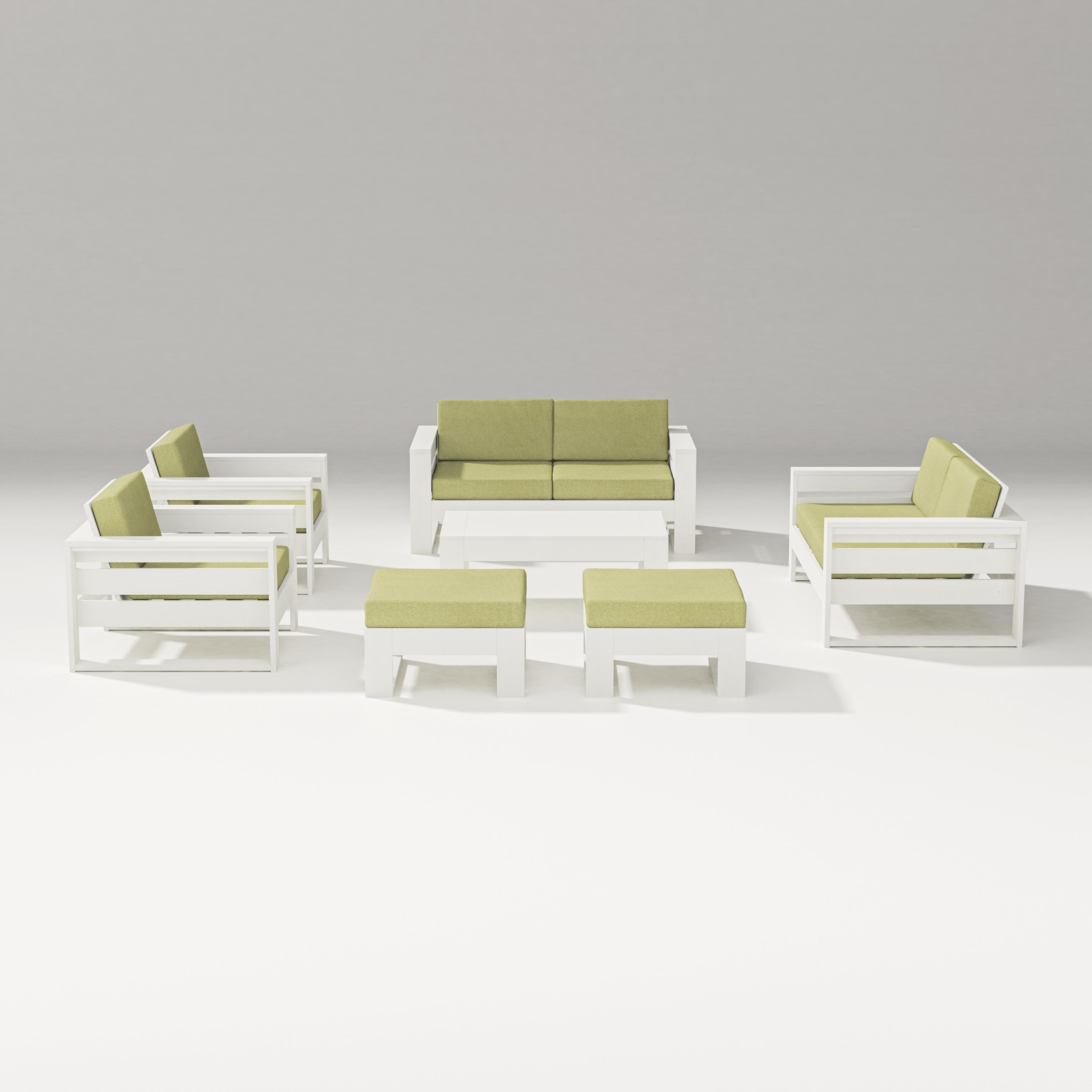 PW Designer Series Latitude 7-Piece Lounge Loveseat Set in Vintage White / Chartreuse Boucle
