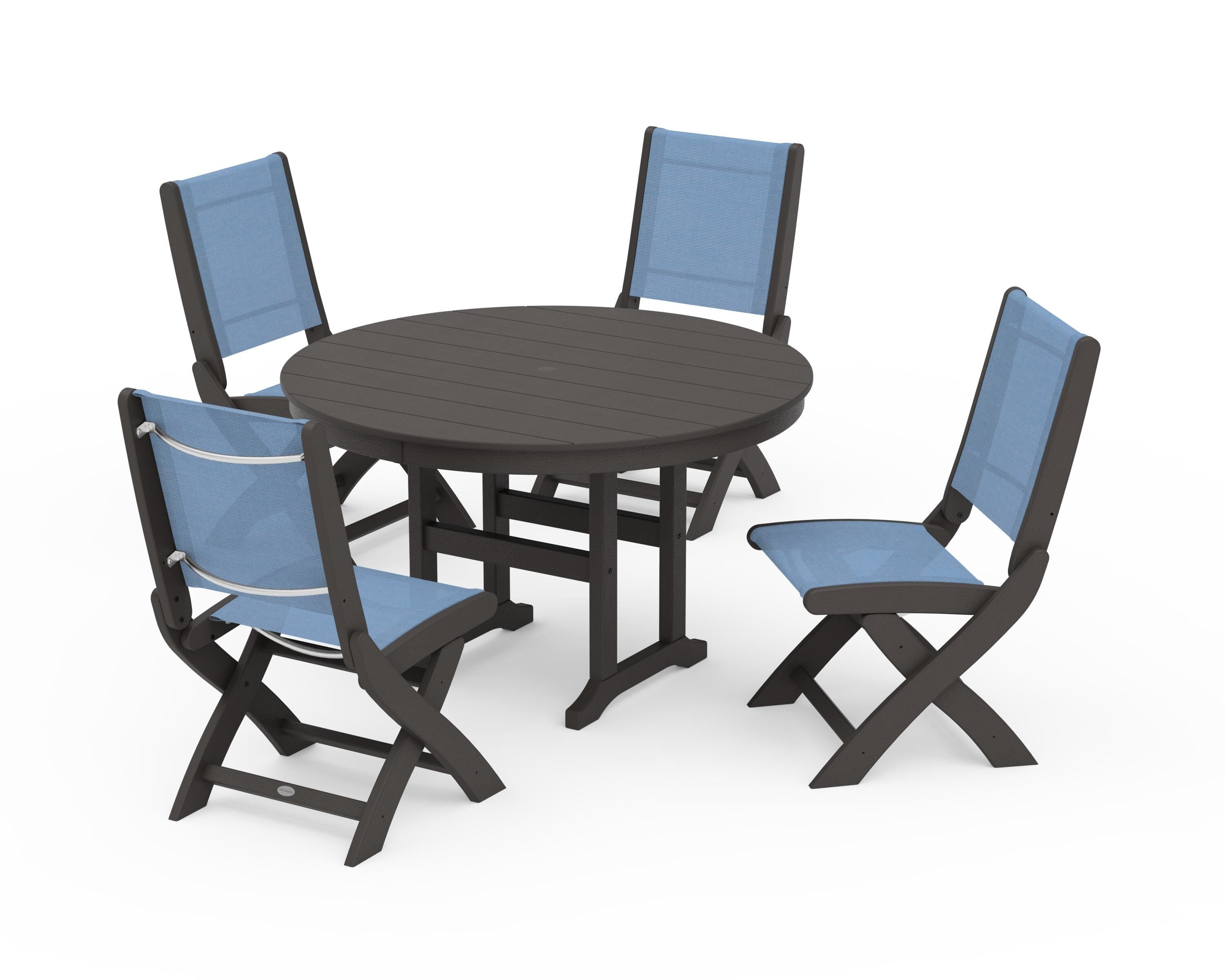 POLYWOOD Coastal Folding Side Chair 5-Piece Round Dining Set in Vintage Coffee / Poolside Sling