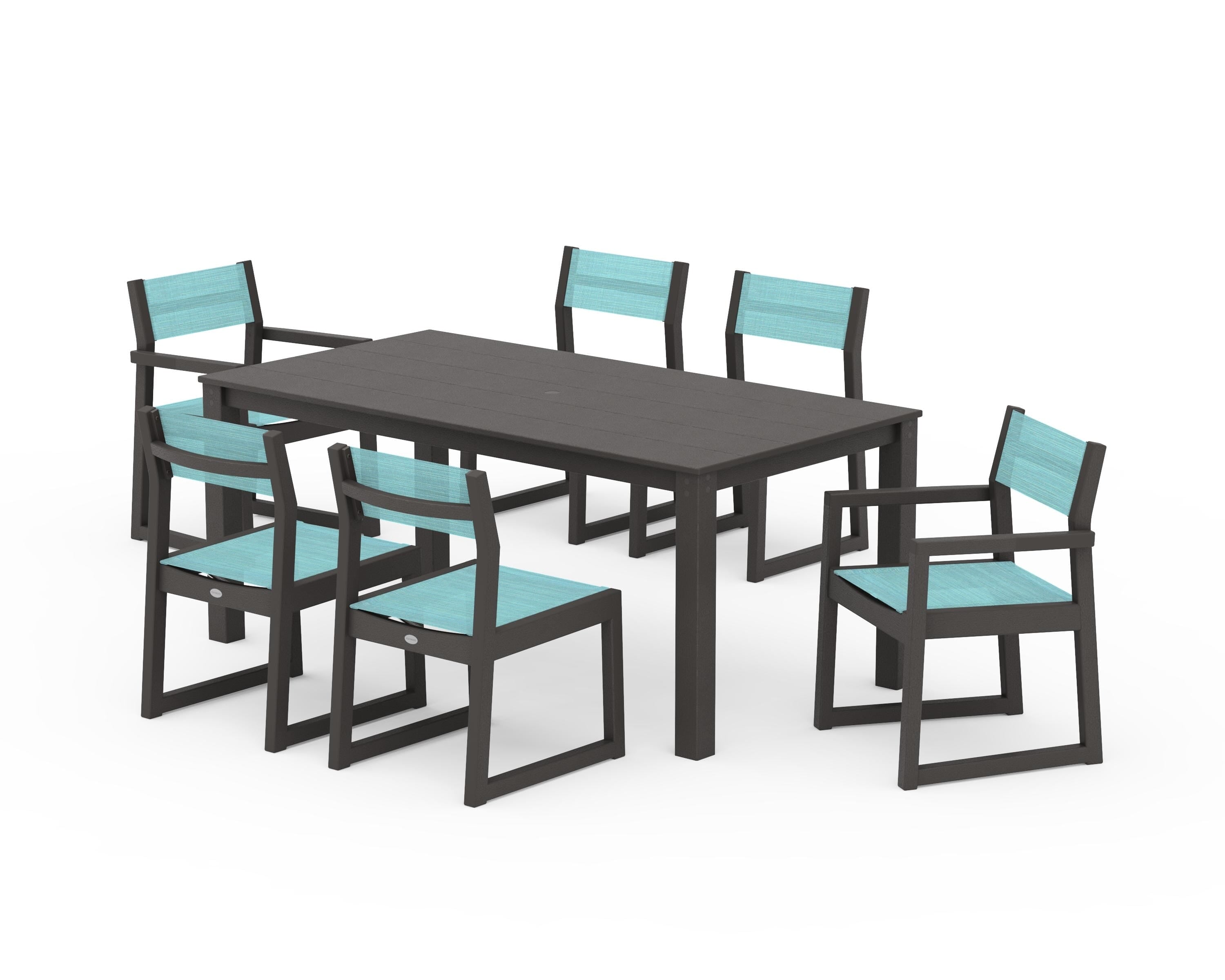 POLYWOOD EDGE Sling 7-Piece Parsons Dining Set in Vintage Coffee / Dupioni Aquamarine Sling