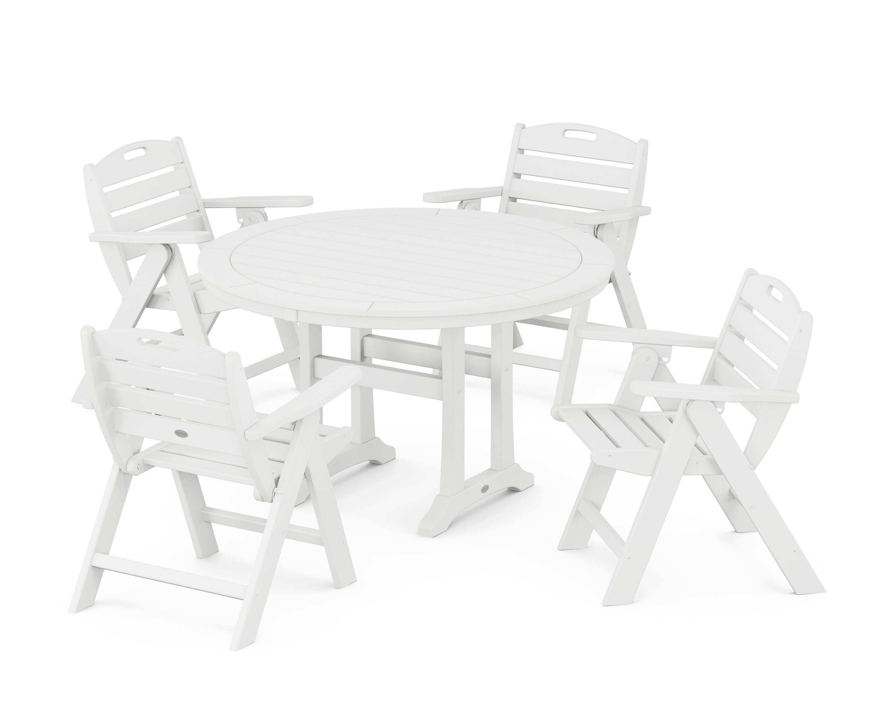 POLYWOOD® Nautical Folding Lowback Chair 5-Piece Round Dining Set With Trestle Legs in White