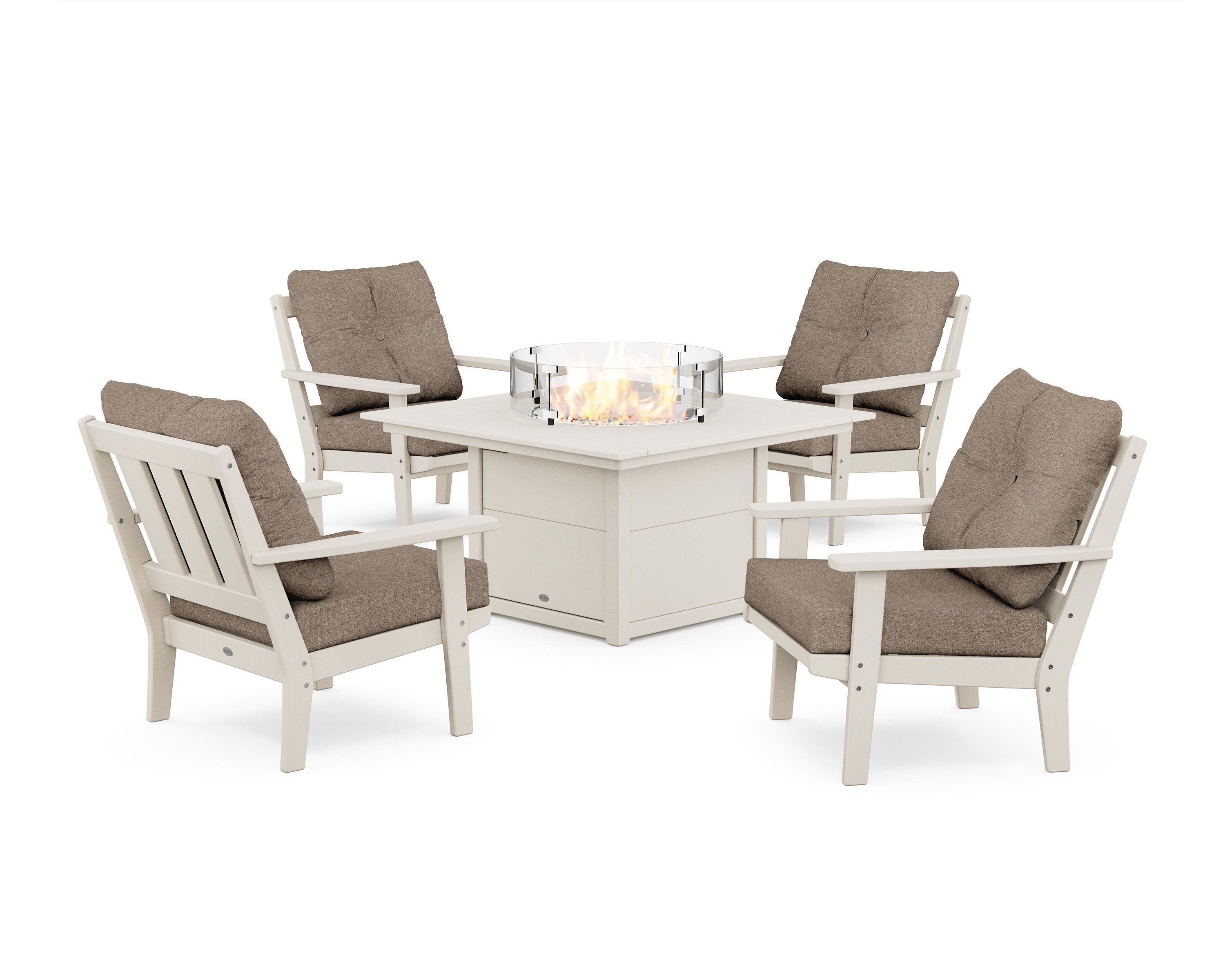 POLYWOOD Oxford 5-Piece Deep Seating Set with Fire Pit Table in Sand / Spiced Burlap