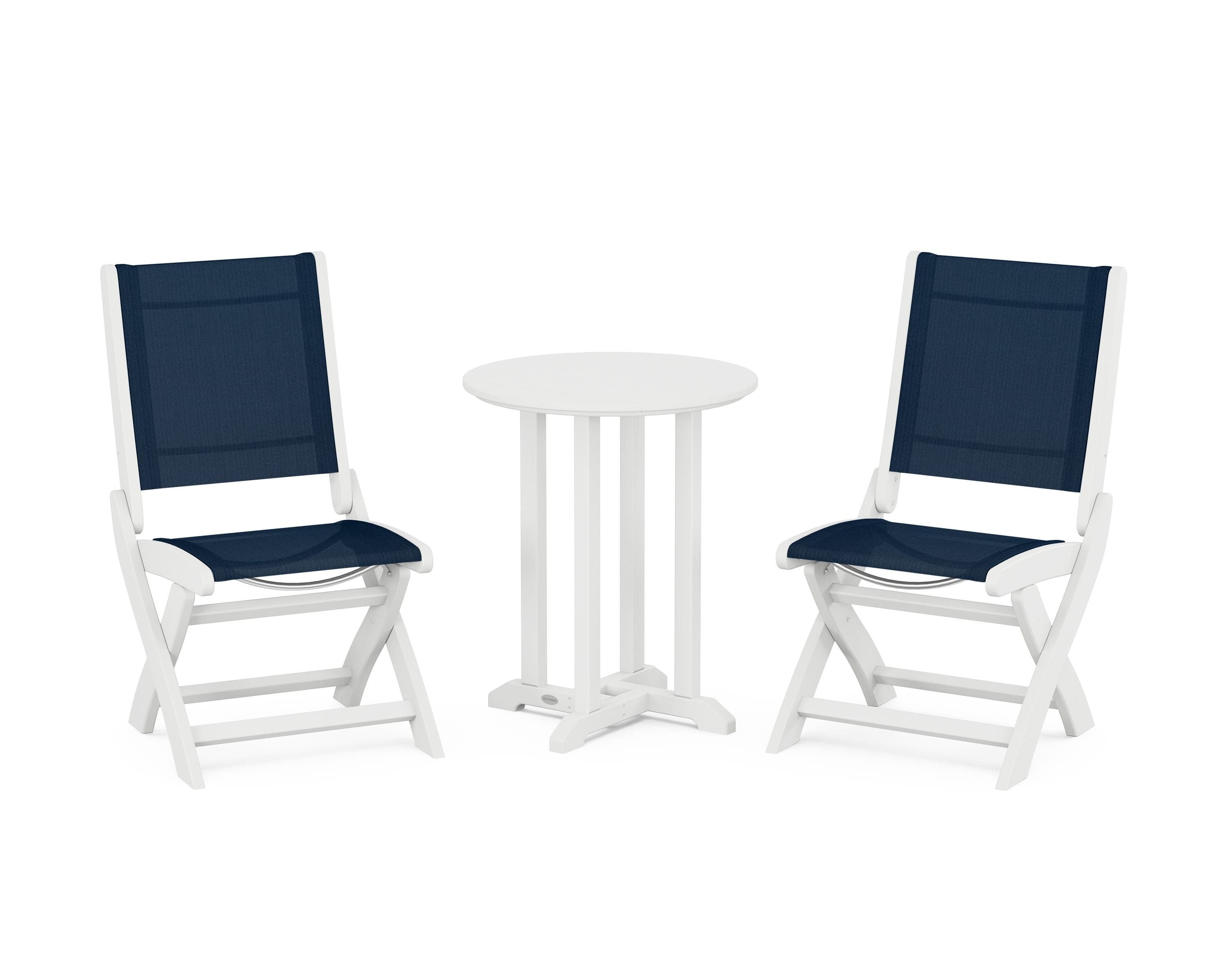 POLYWOOD Coastal Folding Side Chair 3-Piece Round Bistro Dining Set in White / Navy Blue Sling