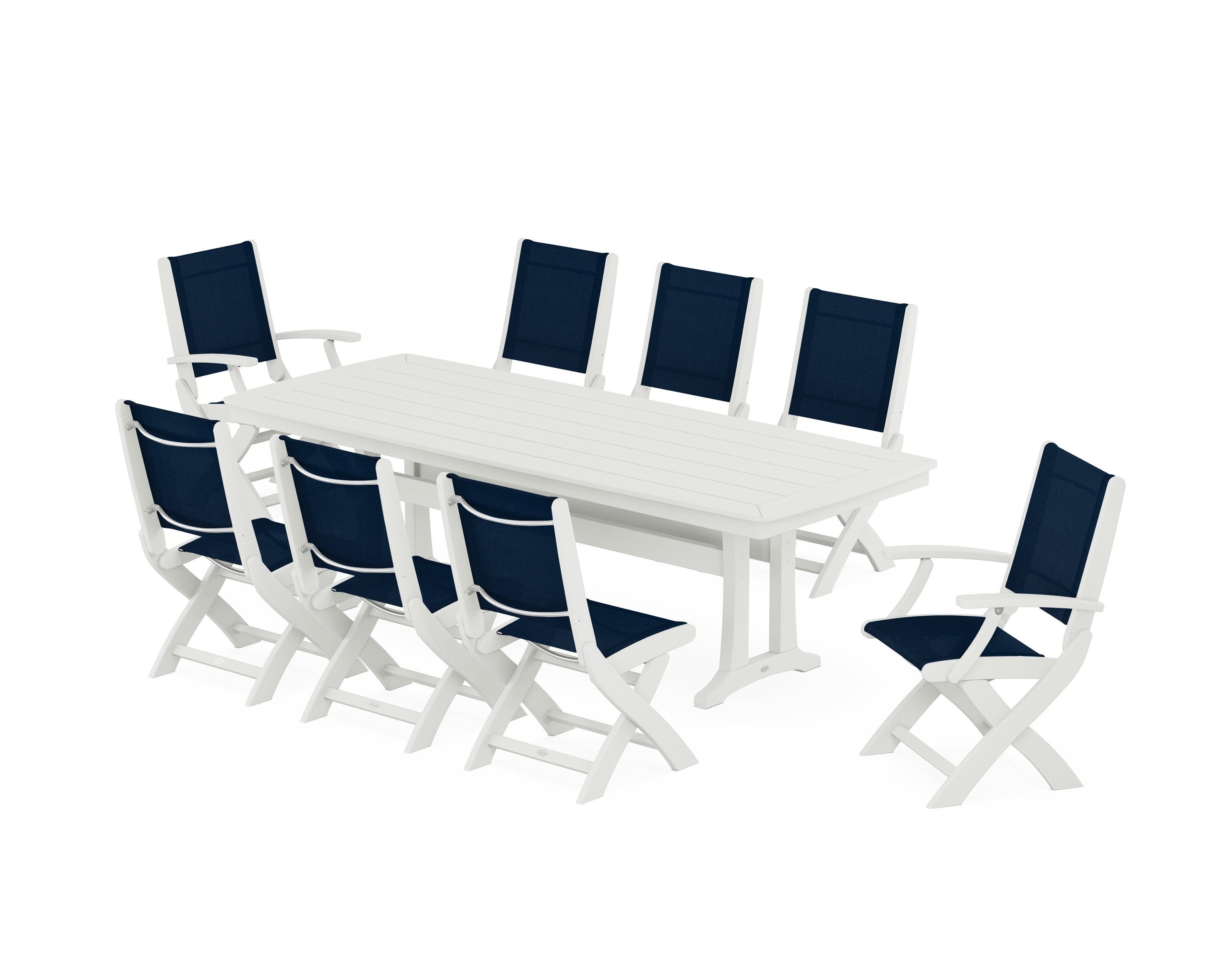 POLYWOOD Coastal Folding 9-Piece Dining Set with Trestle Legs in Vintage White / Navy Blue Sling