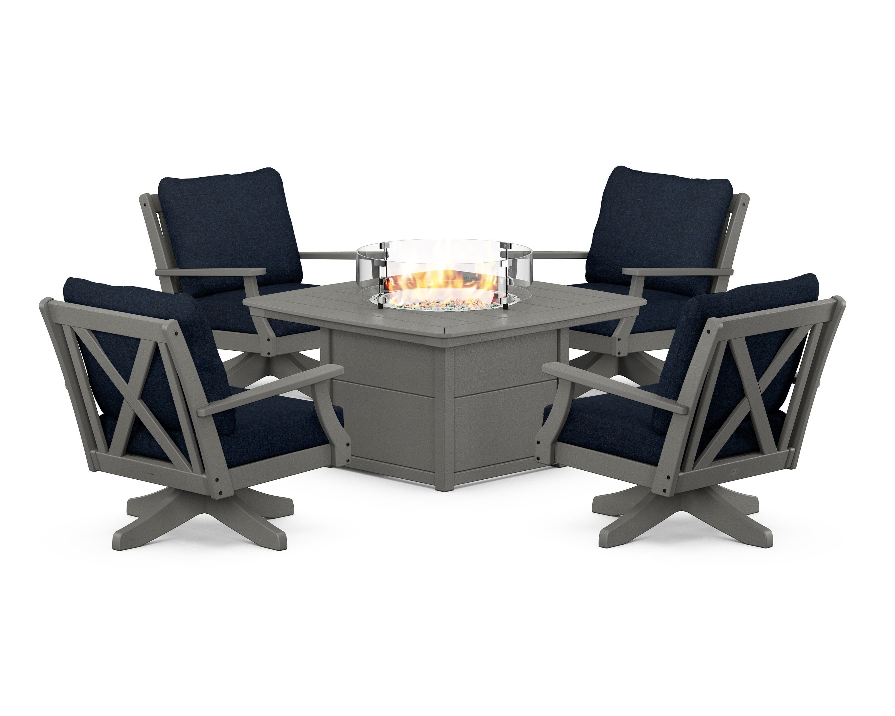 POLYWOOD Braxton 5-Piece Deep Seating Swivel Conversation Set with Fire Pit Table in Slate Grey / Marine Indigo