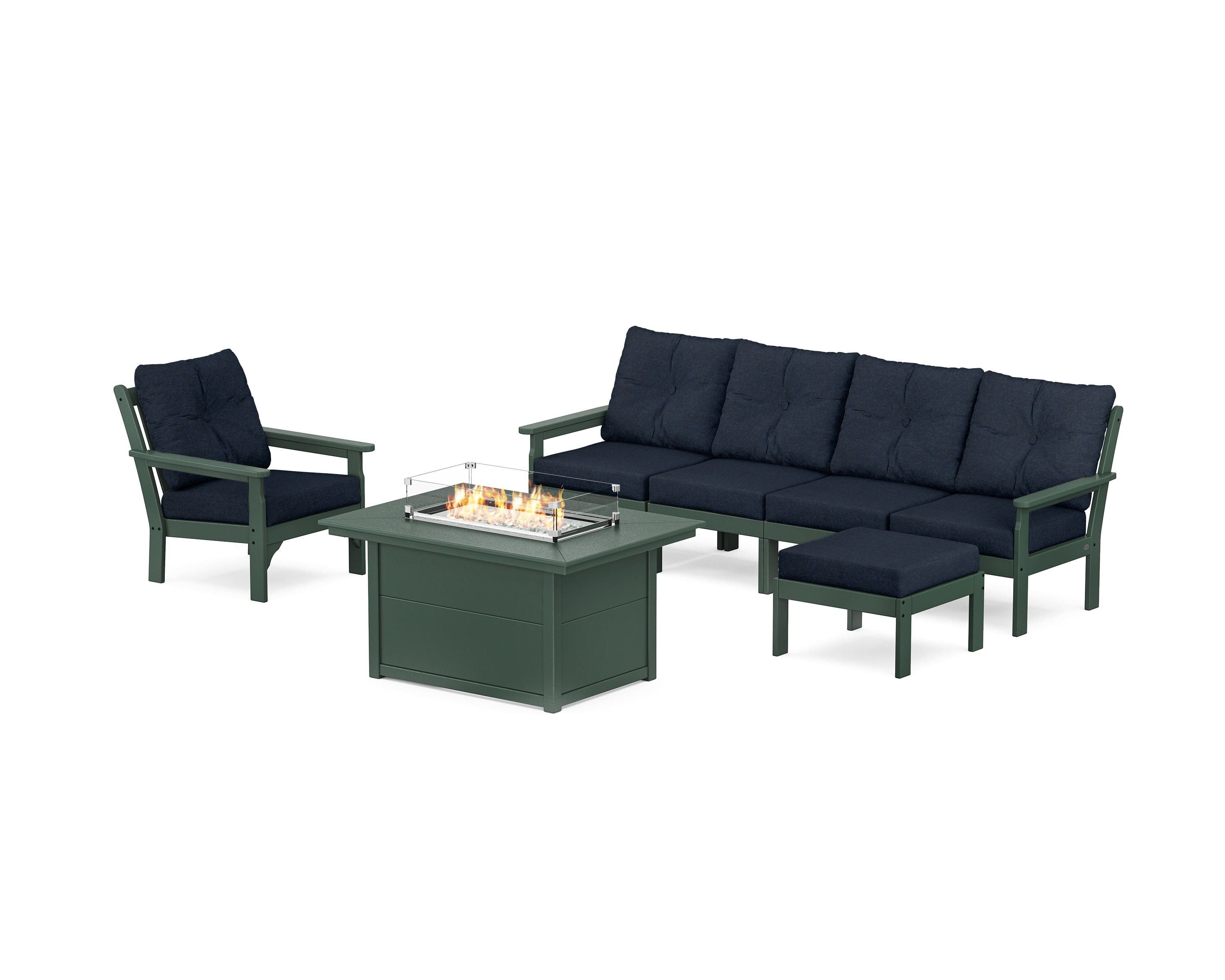 POLYWOOD Vineyard Sectional Lounge and Fire Pit Set in Green / Marine Indigo