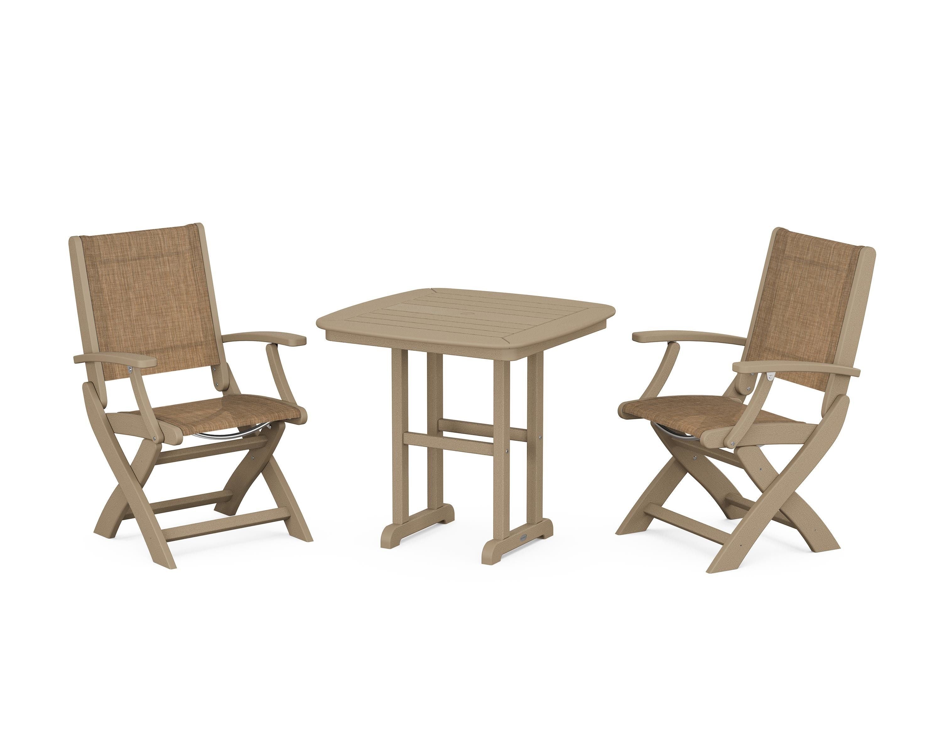 POLYWOOD Coastal Folding Chair 3-Piece Dining Set in Vintage Sahara / Burlap Sling