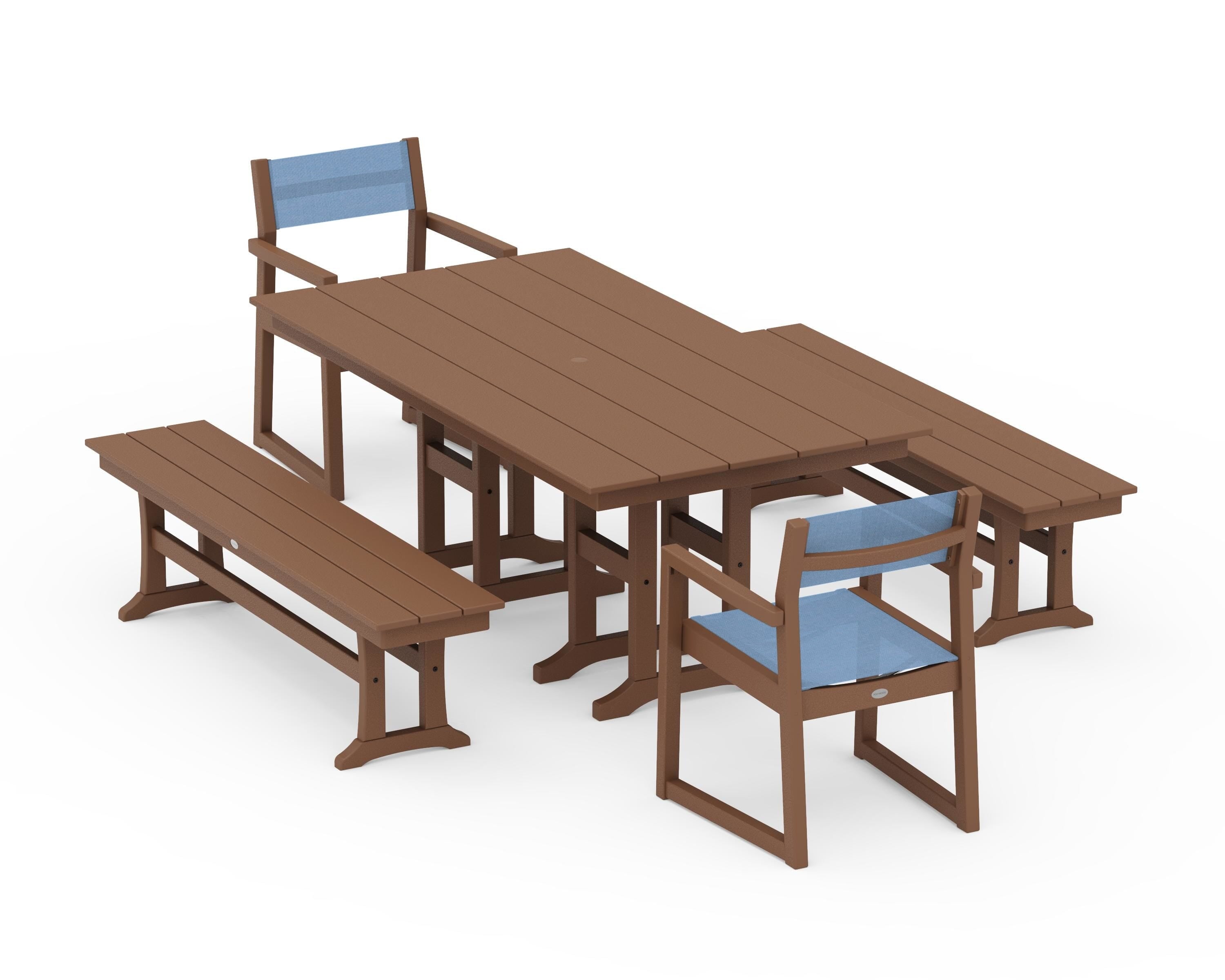 POLYWOOD EDGE Sling Arm Chair 5-Piece Farmhouse Dining Set with Benches in Teak / Poolside Sling