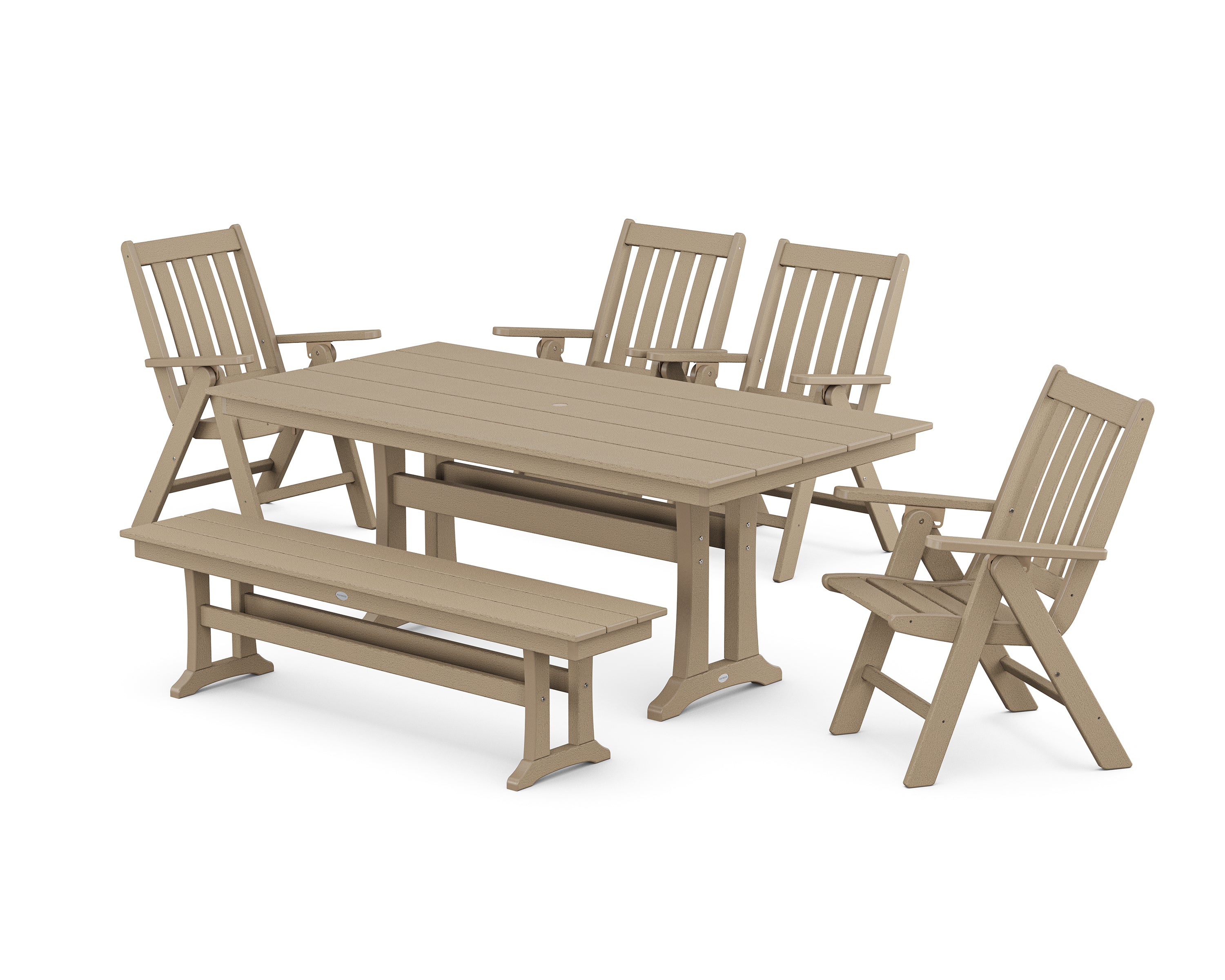 POLYWOOD Vineyard 6-Piece Folding Chair Farmhouse Dining Set with Trestle Legs and Bench in Vintage Sahara