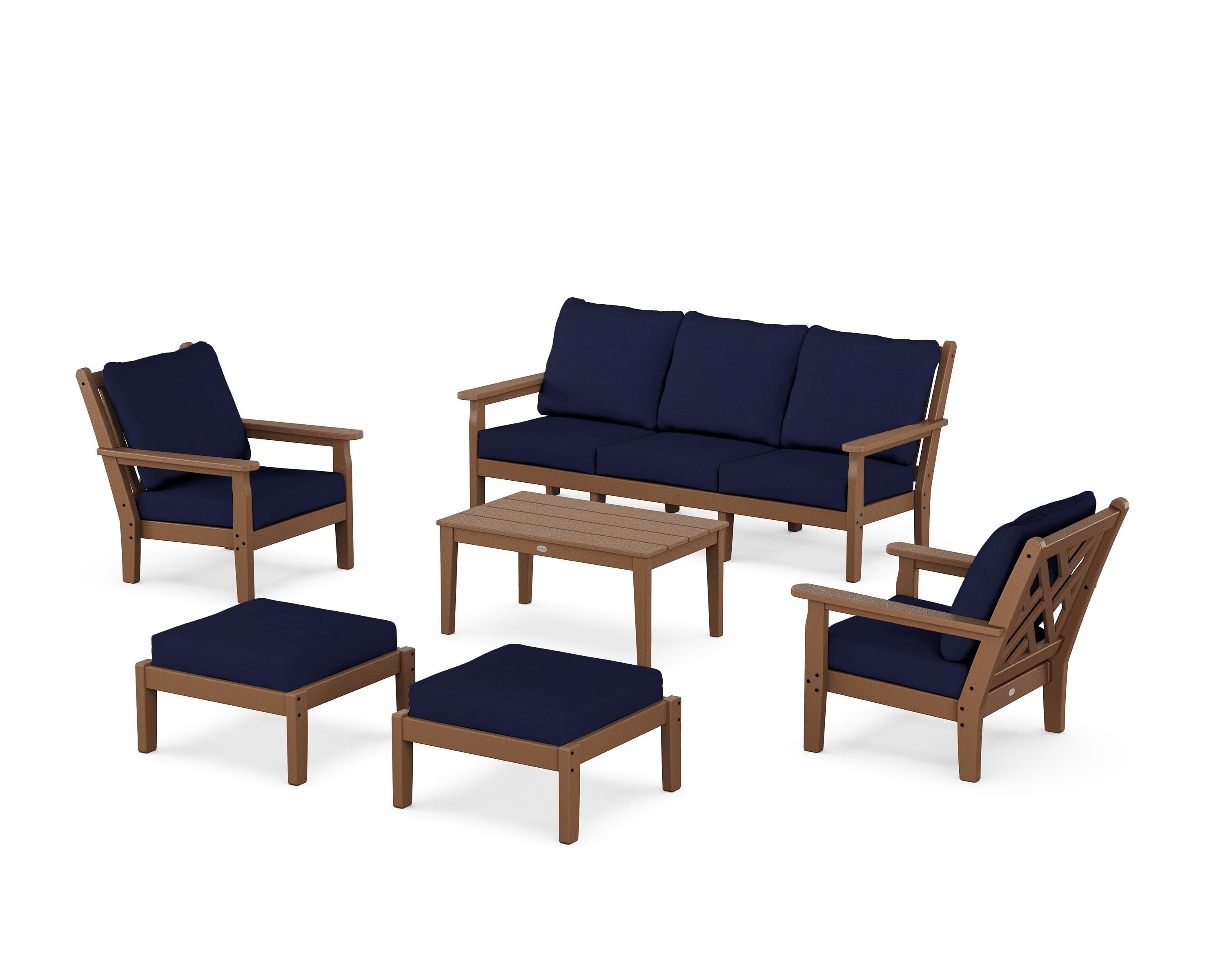 POLYWOOD Chippendale 6-Piece Lounge Sofa Set in Teak / Navy