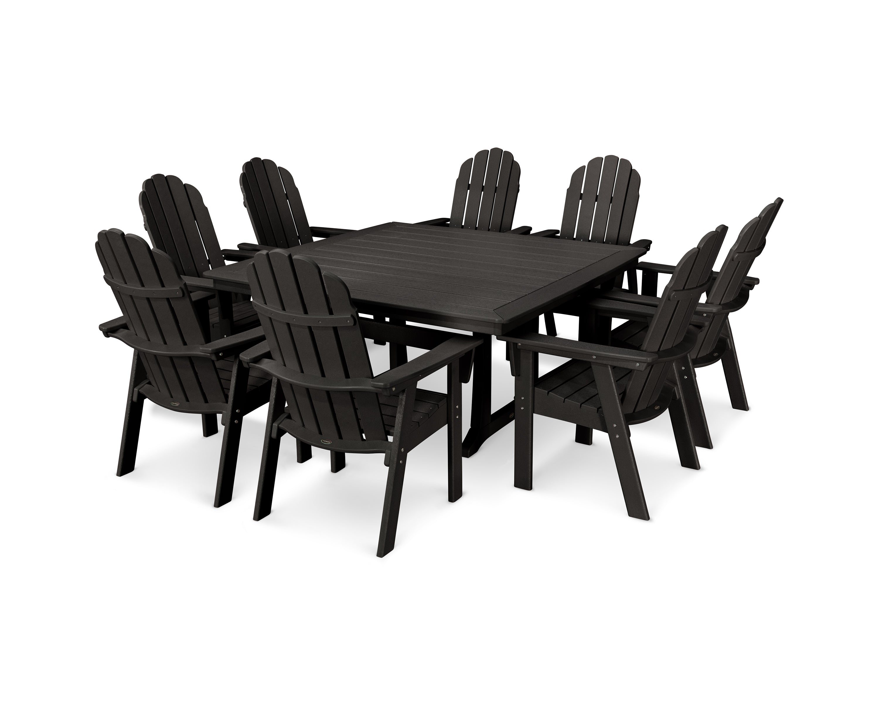 POLYWOOD® Vineyard Curveback Adirondack 9-Piece Nautical Trestle Dining Set in Black