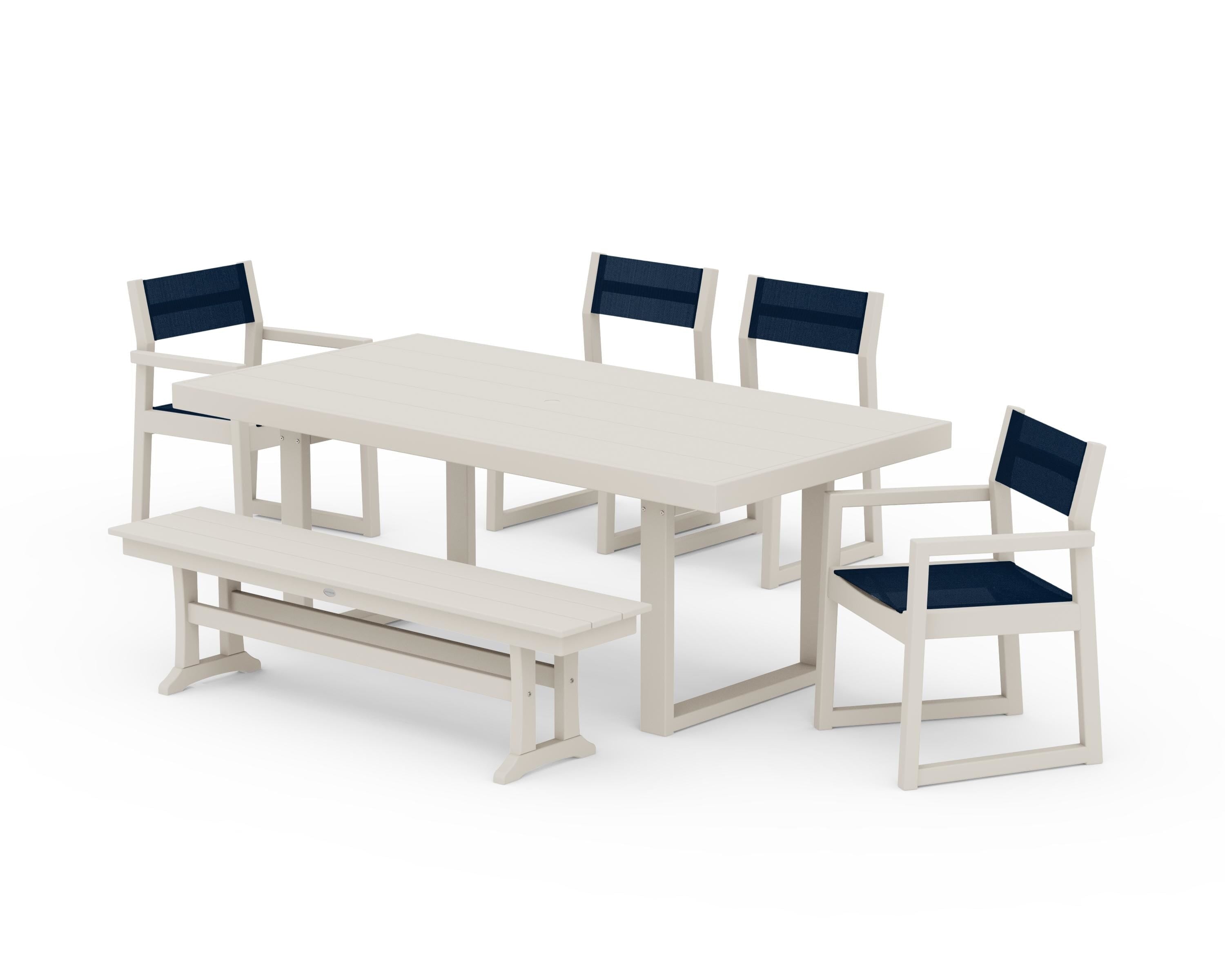 POLYWOOD EDGE Sling 6-Piece Dining Set with Bench in Sand / Navy Blue Sling