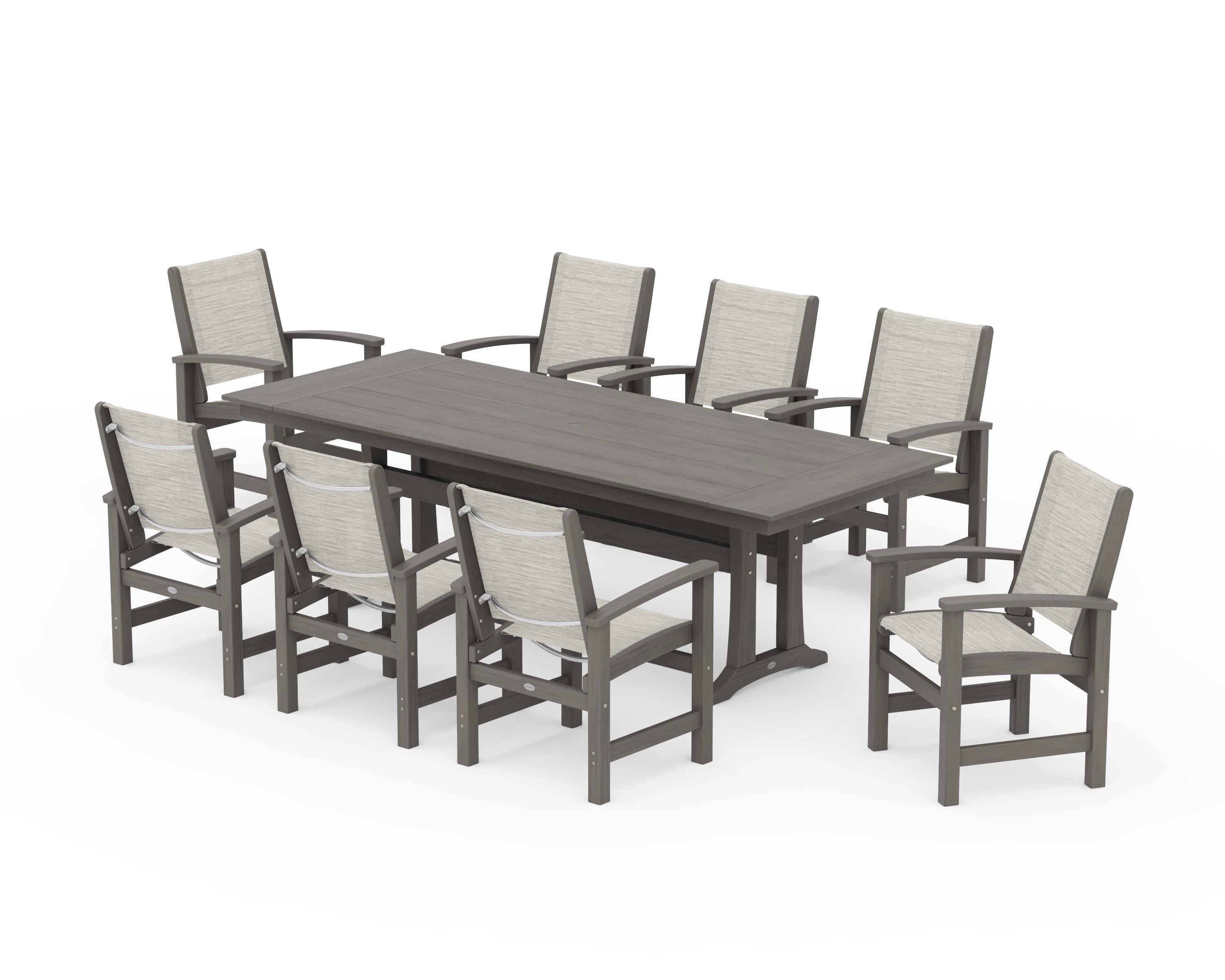 POLYWOOD Coastal 9-Piece Farmhouse Dining Set with Trestle Legs in Driftwood / Birch Sling