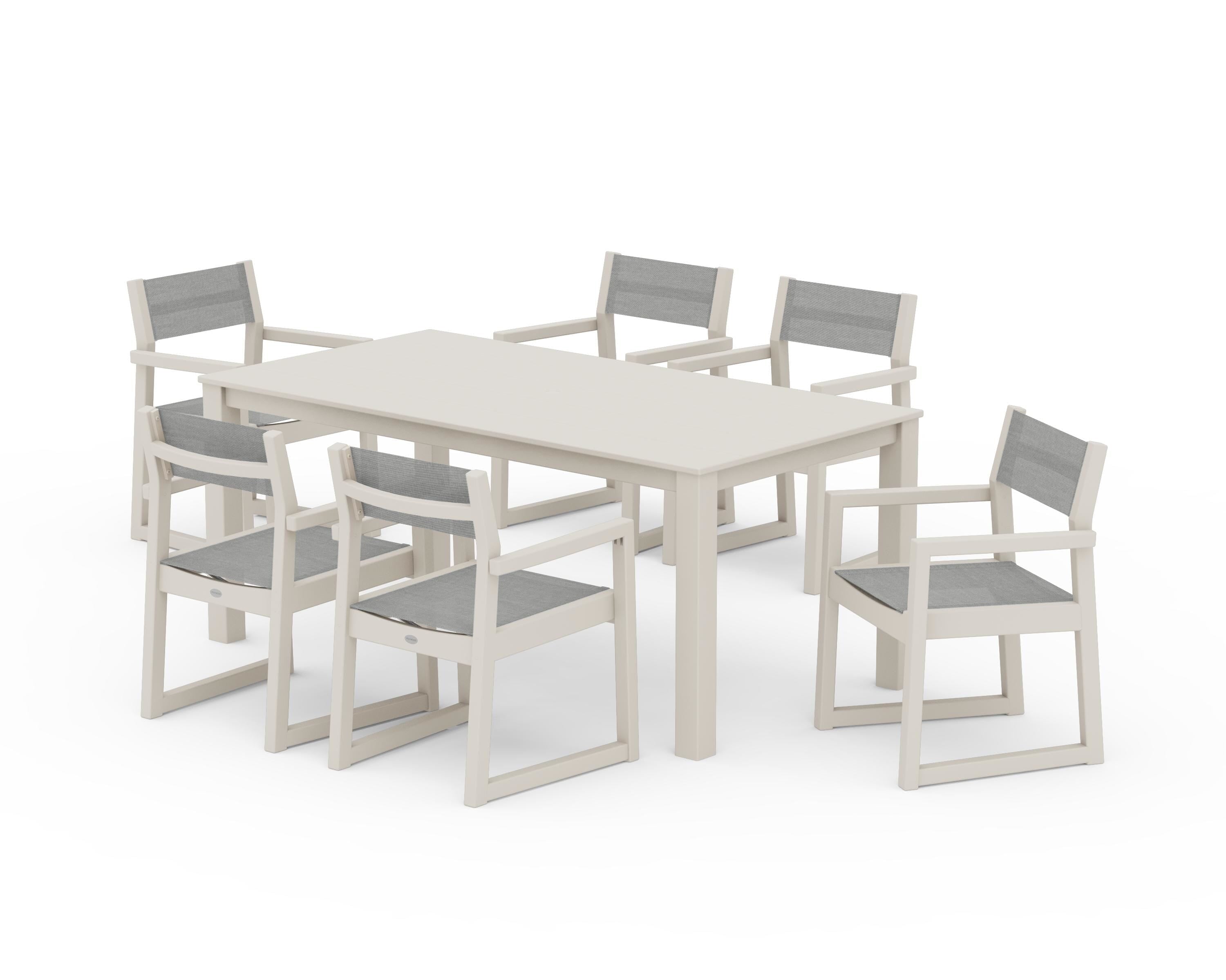 POLYWOOD EDGE Sling Arm Chair 7-Piece Parsons Dining Set in Sand / Metallic Sling