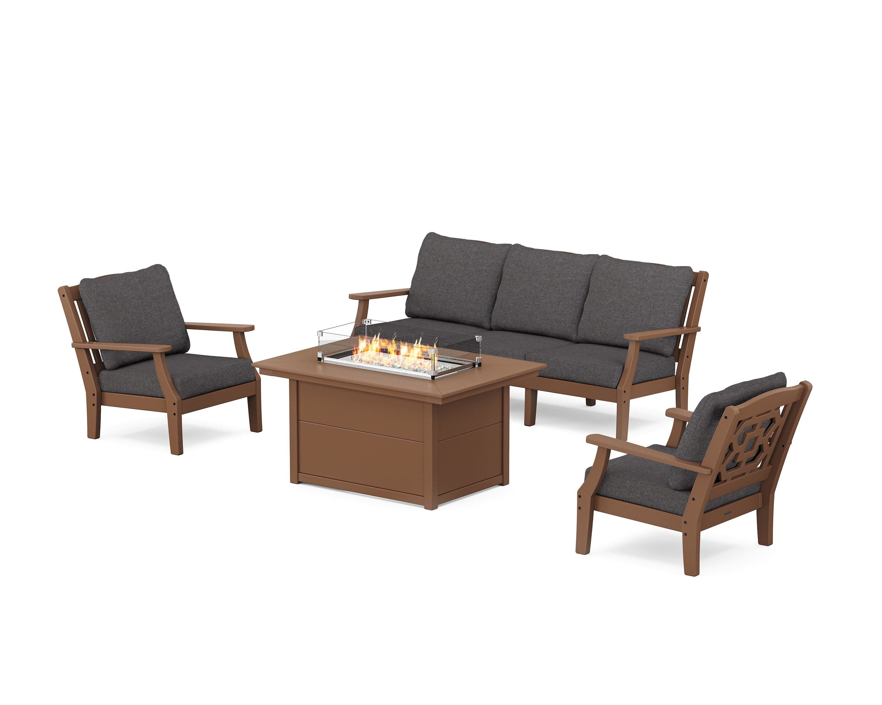 Martha Stewart by POLYWOOD Chinoiserie Deep Seating Fire Pit Table Set in Teak / Ash Charcoal