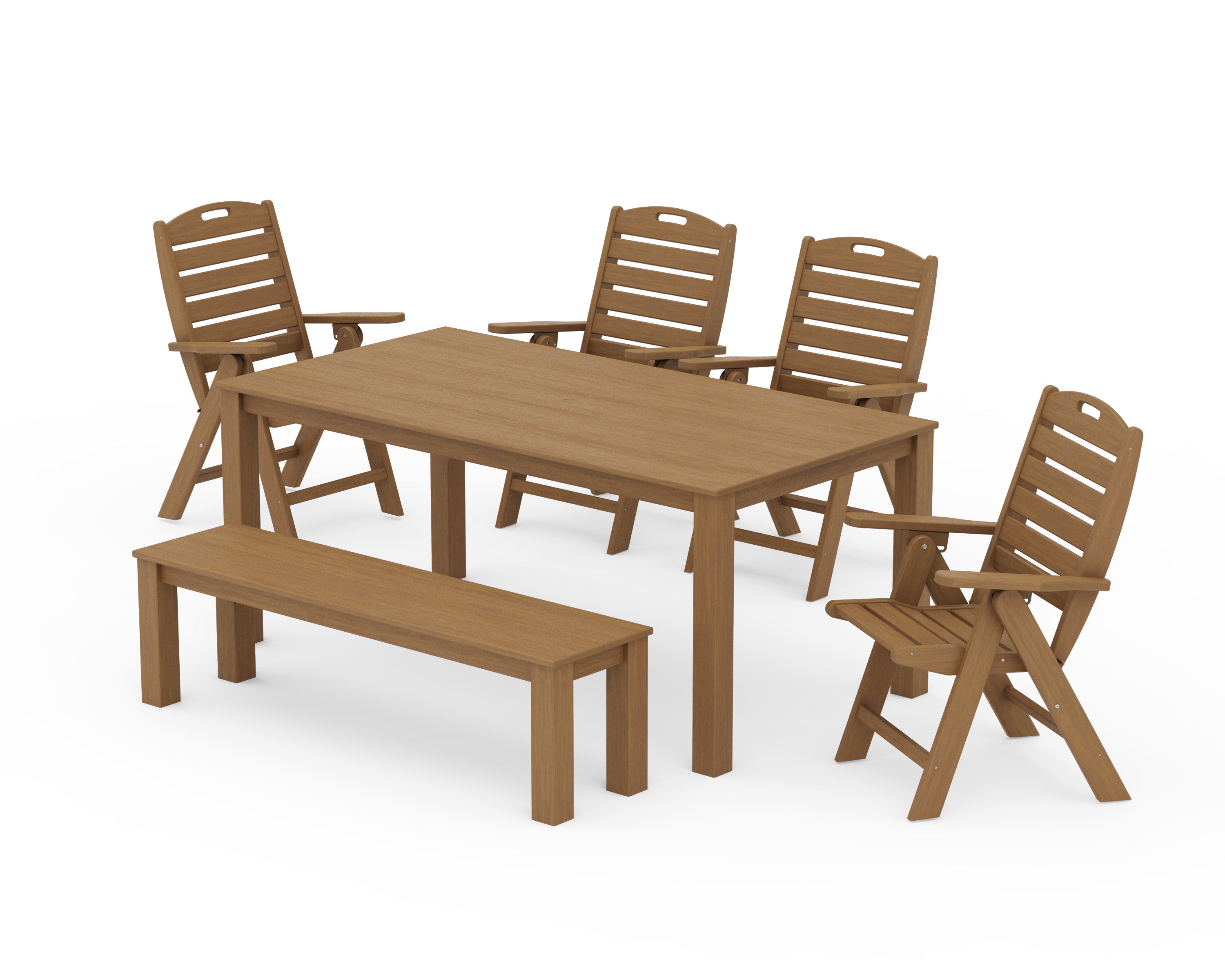 POLYWOOD Nautical Folding Highback Chair 6-Piece Parsons Dining Set with Bench in Natural