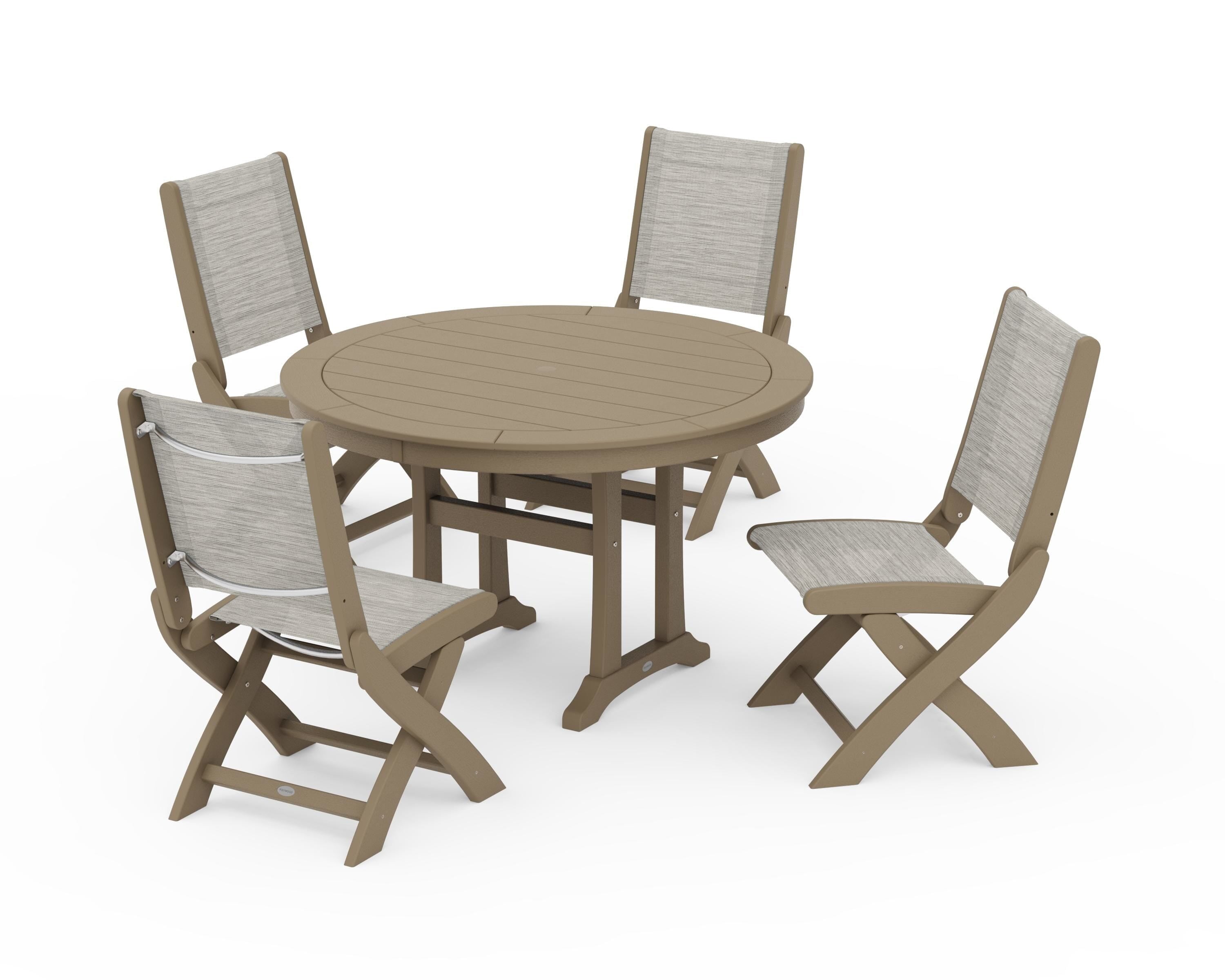 POLYWOOD Coastal Folding Side Chair 5-Piece Round Dining Set With Trestle Legs in Vintage Sahara / Birch Sling