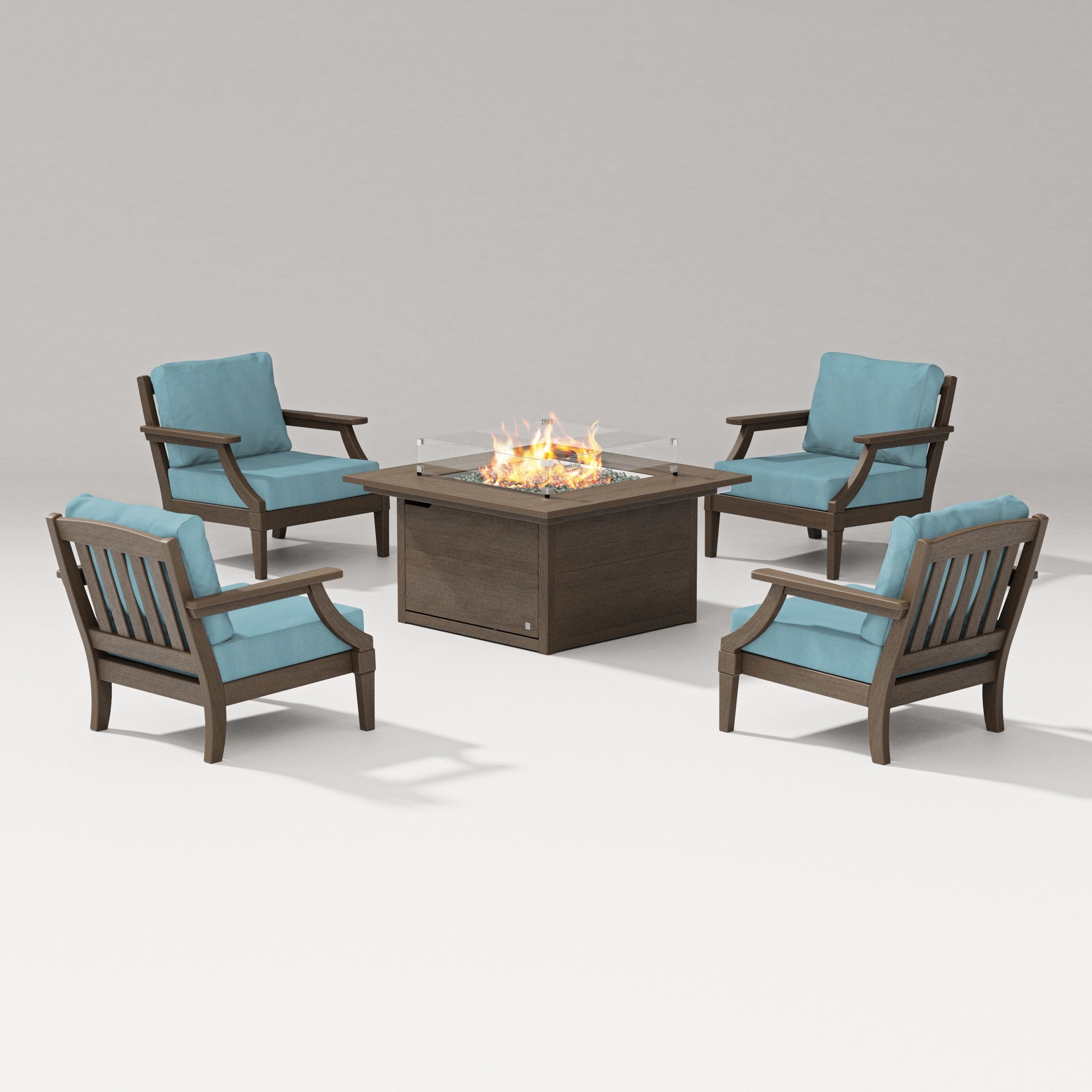 PW Designer Series Estate 5-Piece Lounge Fire Table Set in Kona / Lattice Sky Blue